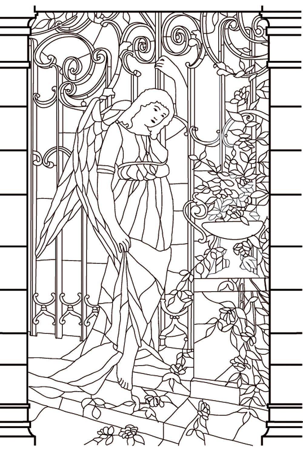 Dibujo (vidriera) de una diosa de aspecto melancólico, para imprimir y colorear