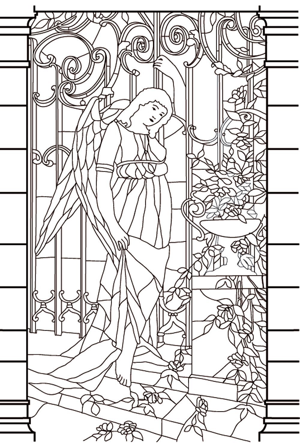 Dibujo (vidriera) de una diosa de aspecto melancólico, para imprimir y colorear Dibujo (vidriera) de una diosa de aspecto melancólico, para imprimir y colorear