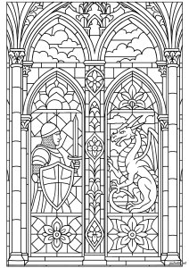 Vidriera medieval con caballero y dragón (Página para imprimir)