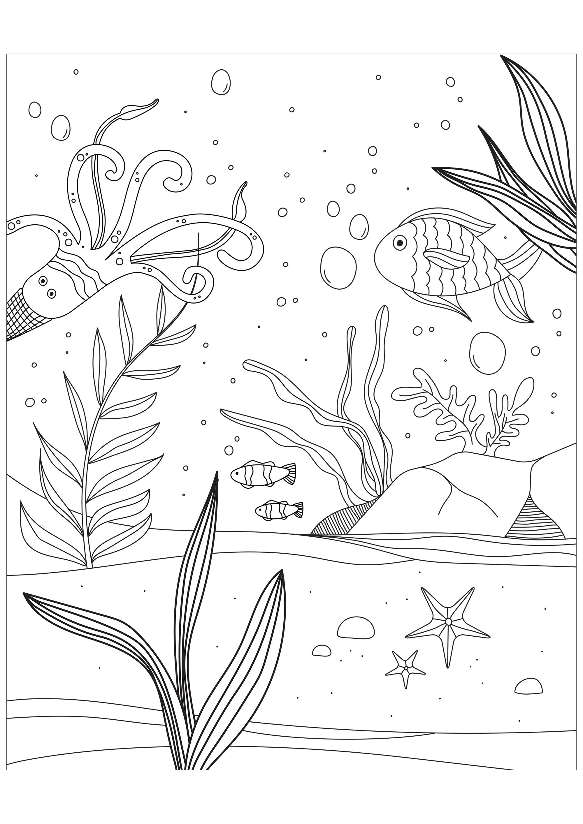 Peces, pulpos y estrellas de mar en el fondo del mar. Proporcionado por el sitio Gifts.com