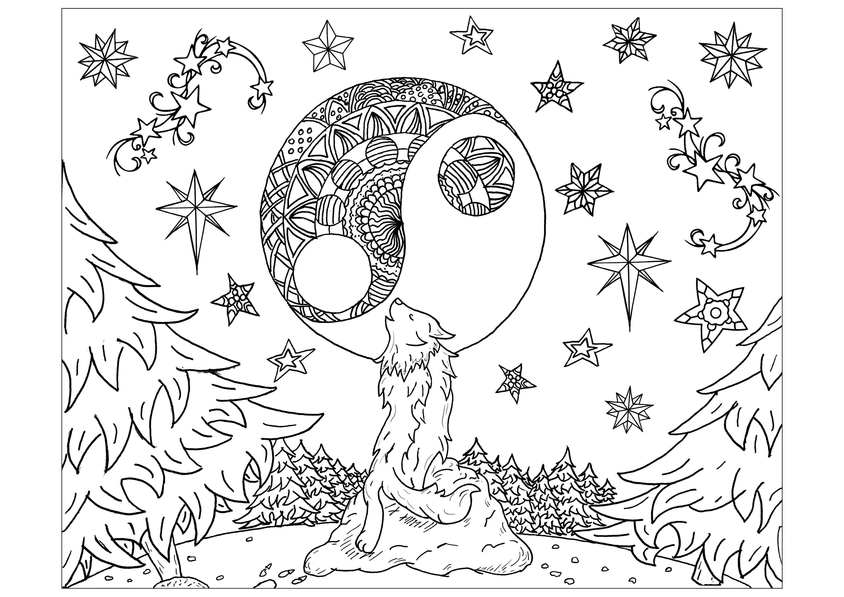 Luna de lobo y mandala (Página para imprimir para adultos)