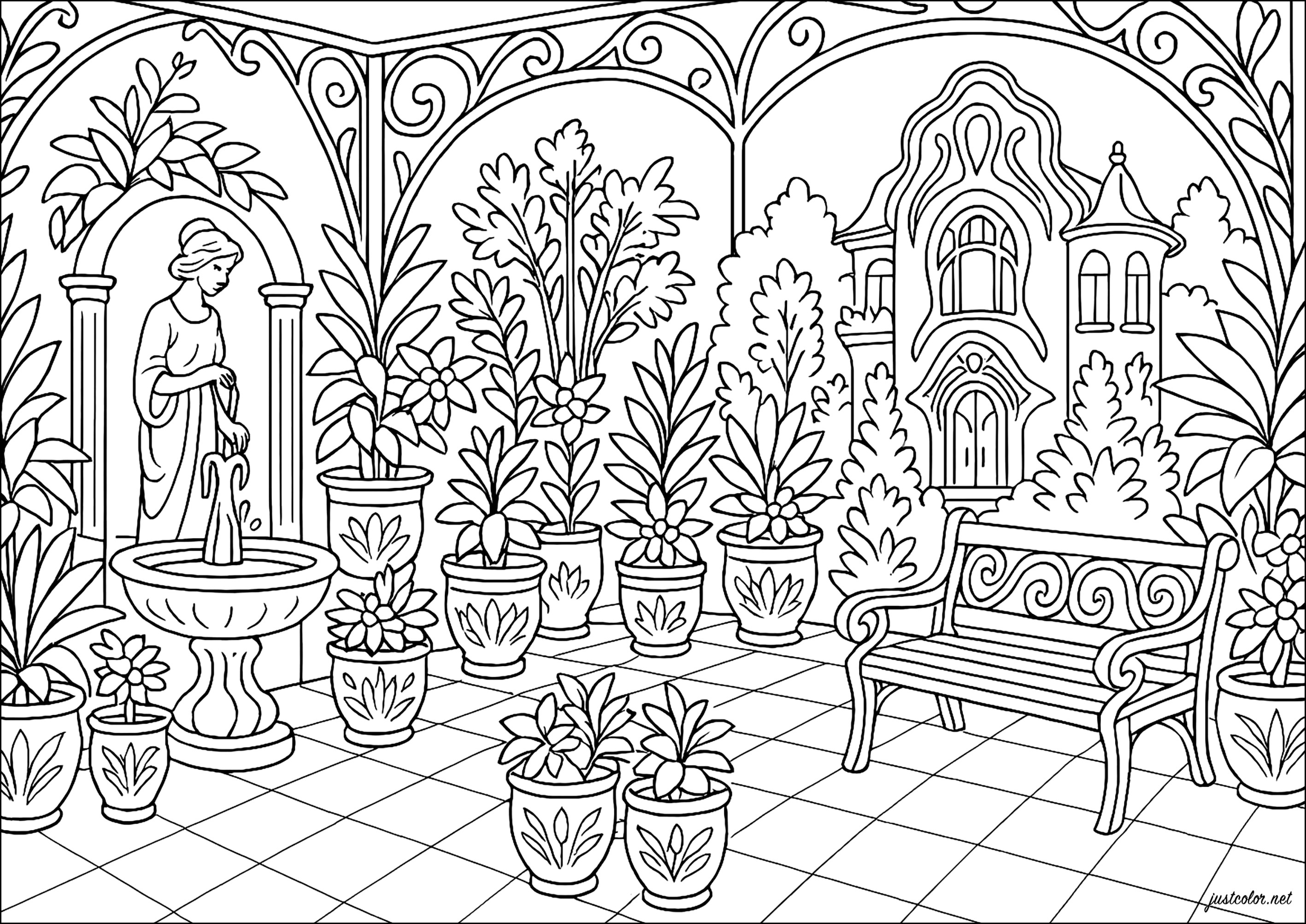 Un jardín romántico, exuberante y pacífico (Página de Jardines Maravillosos para imprimir para adultos)