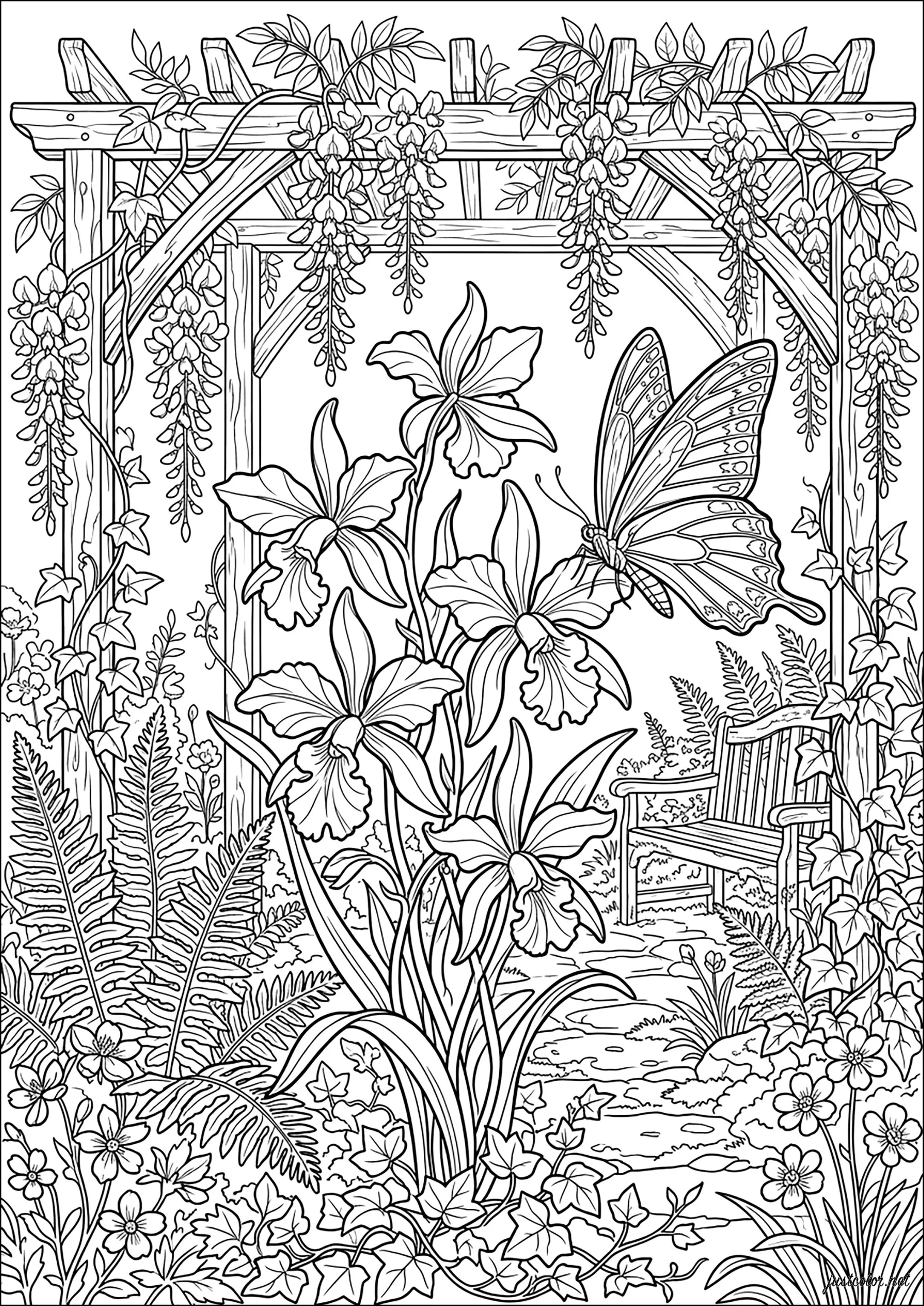 Mariposa grande sobre flores bajo un arco en un jardín encantador (Página de Jardines Maravillosos para imprimir para adultos)