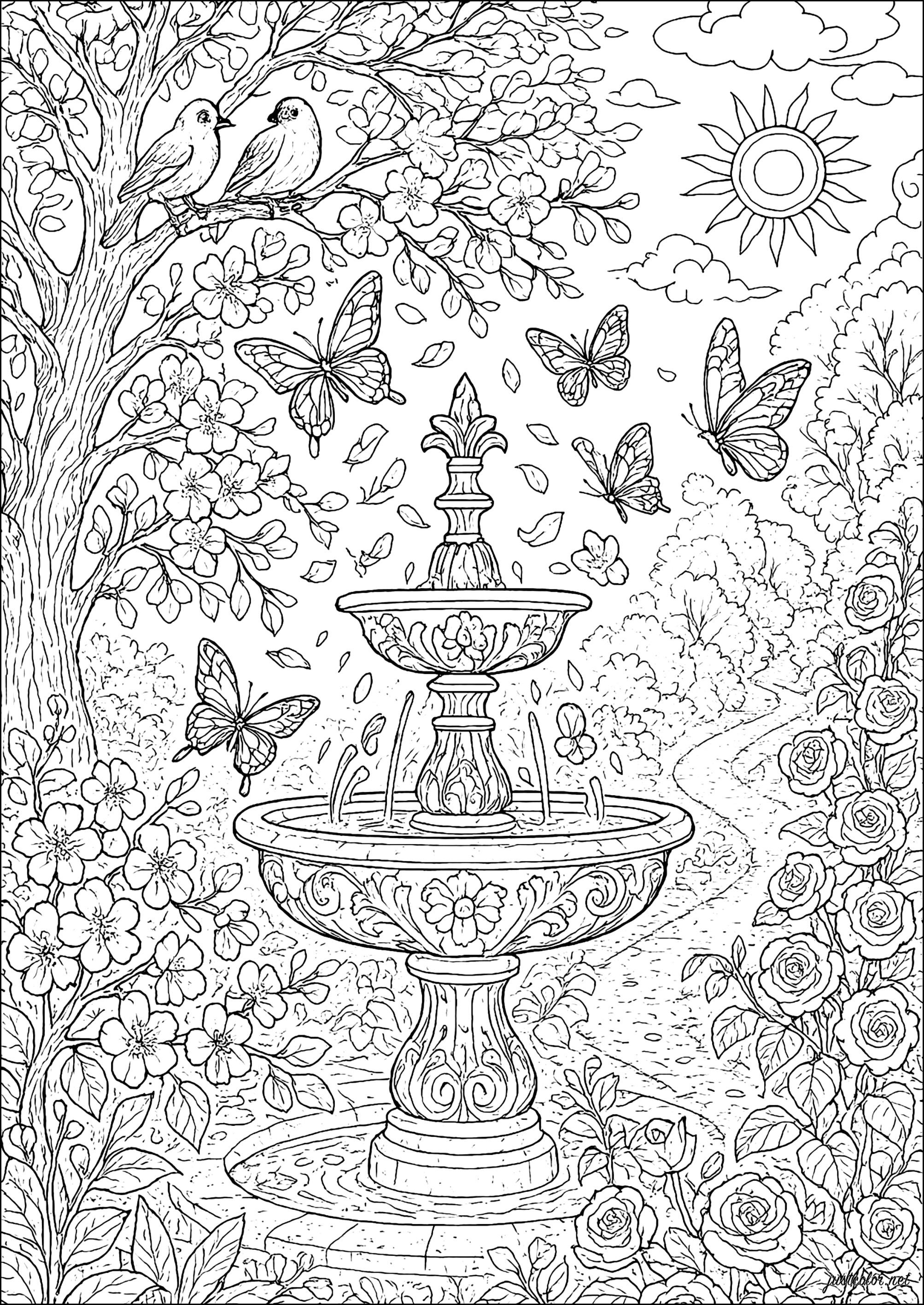 Fuente encantada en un jardín de hadas (Página de Jardines Maravillosos para imprimir para adultos)