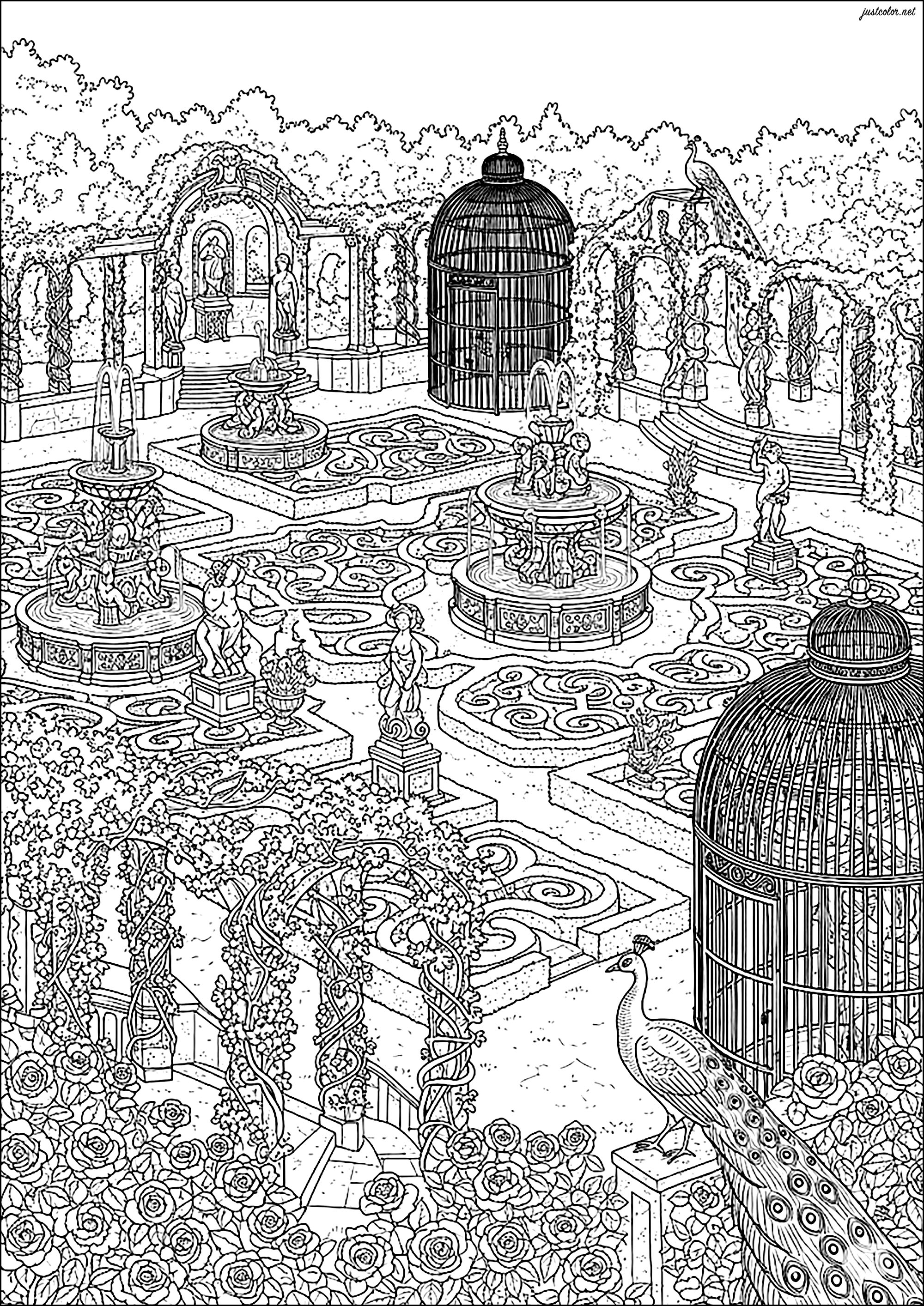 Jardín Barroco con Pavos Reales y Fuentes (Página de Jardines Maravillosos para imprimir para adultos)