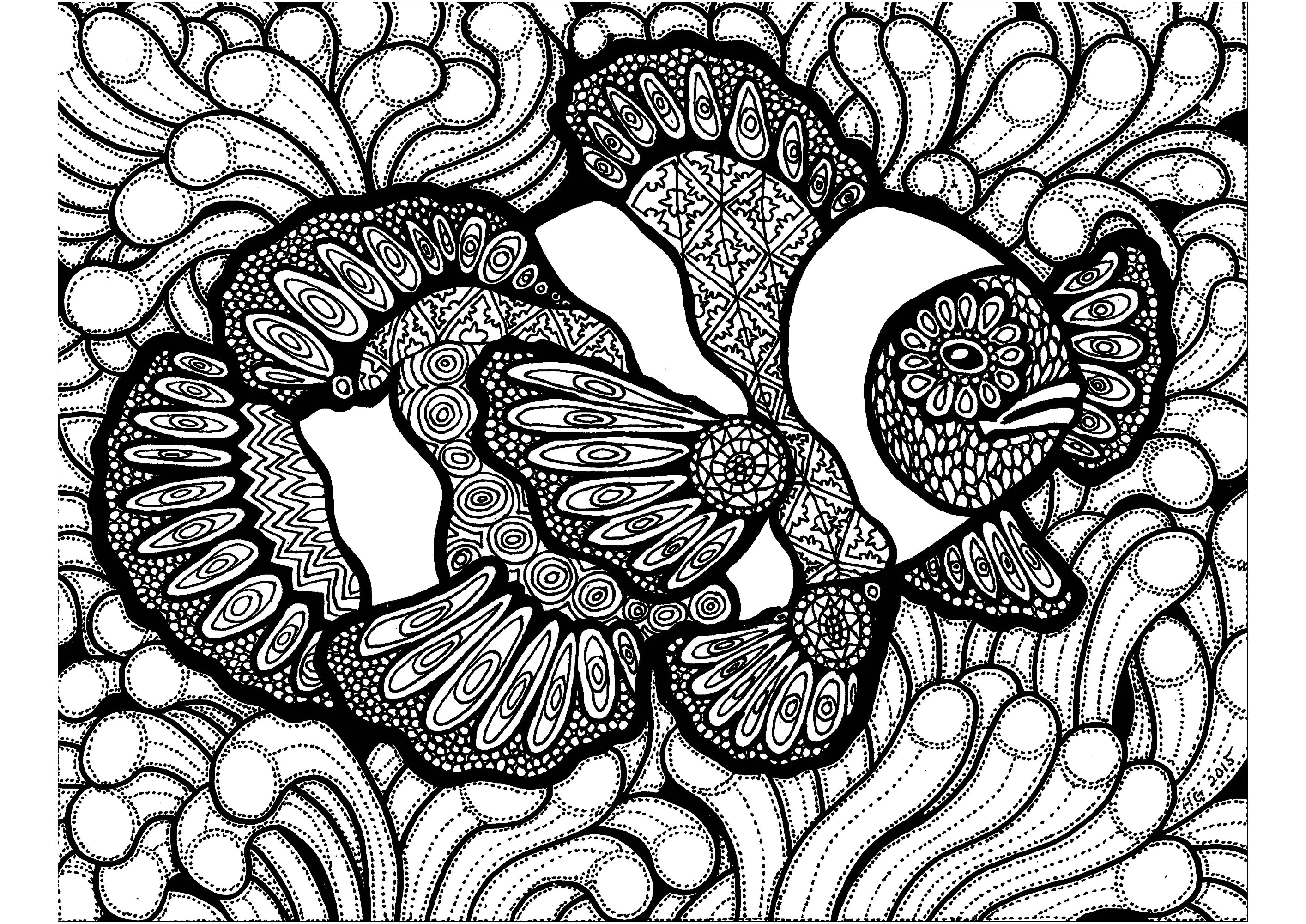 Líneas del pez payaso (Página de Zentangle para imprimir para adultos)