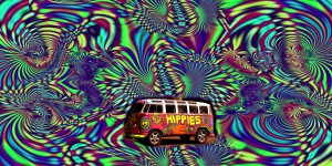 Un Bus hippie sur fond psychédélique