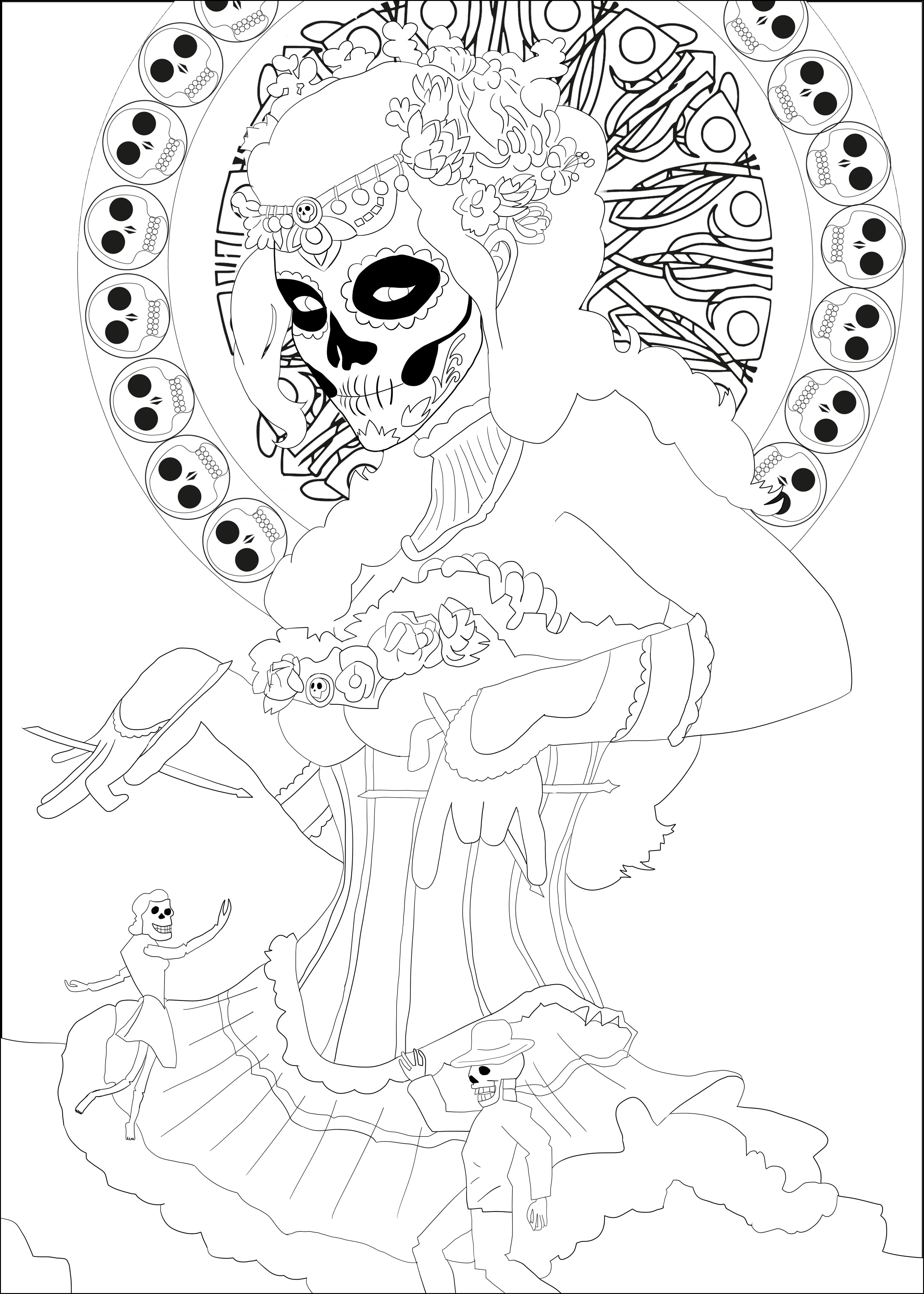 Retrouvez ci dessous notre coloriage inspiré del Dia de los Muertos