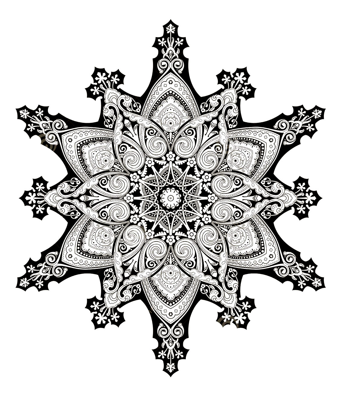 Un Mandala inspiré de motifs et illustrations orientales, avec énormément de détails et de régularité