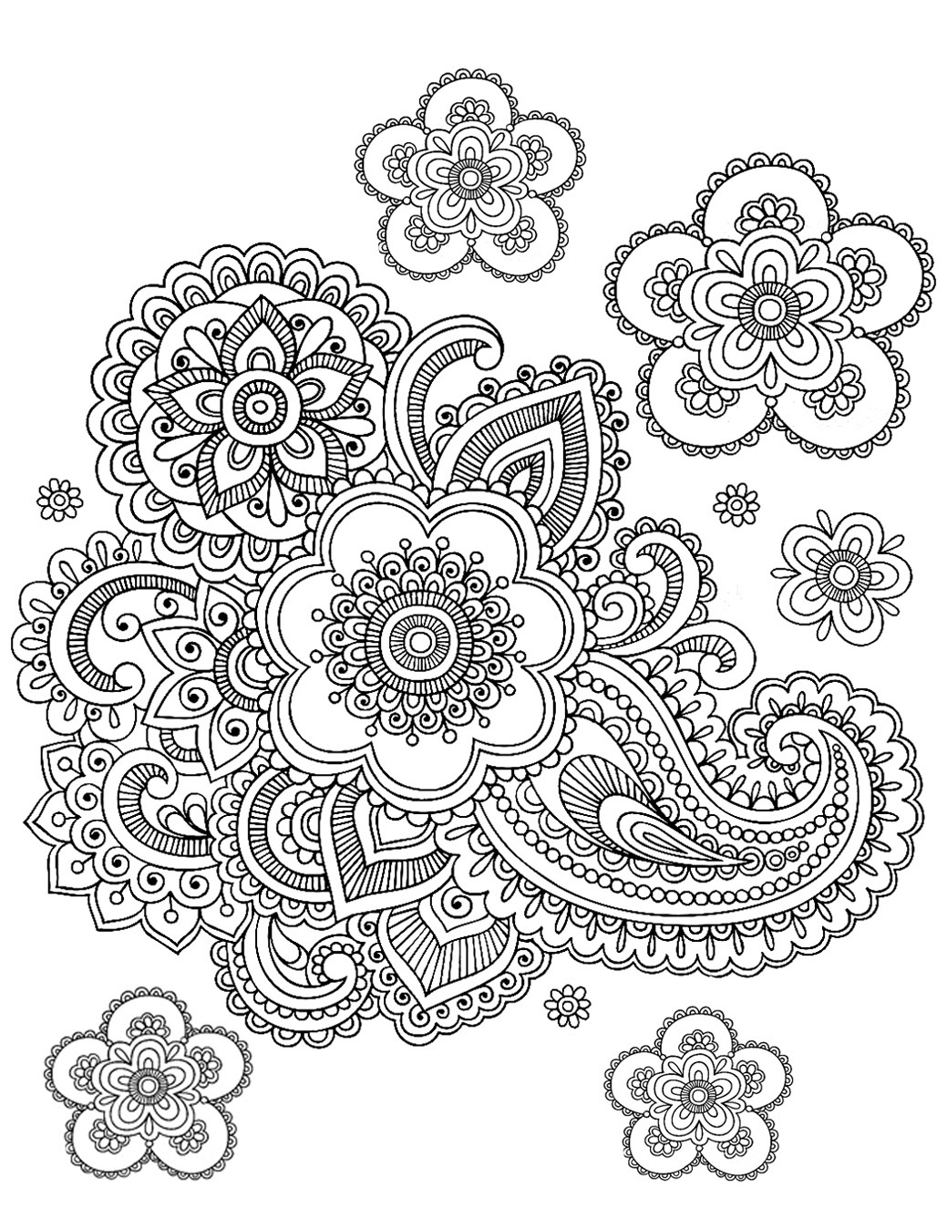 Coloriage difficile avec motifs floraux et paisley tr¨s harmonieux mais plein de détails Feutres