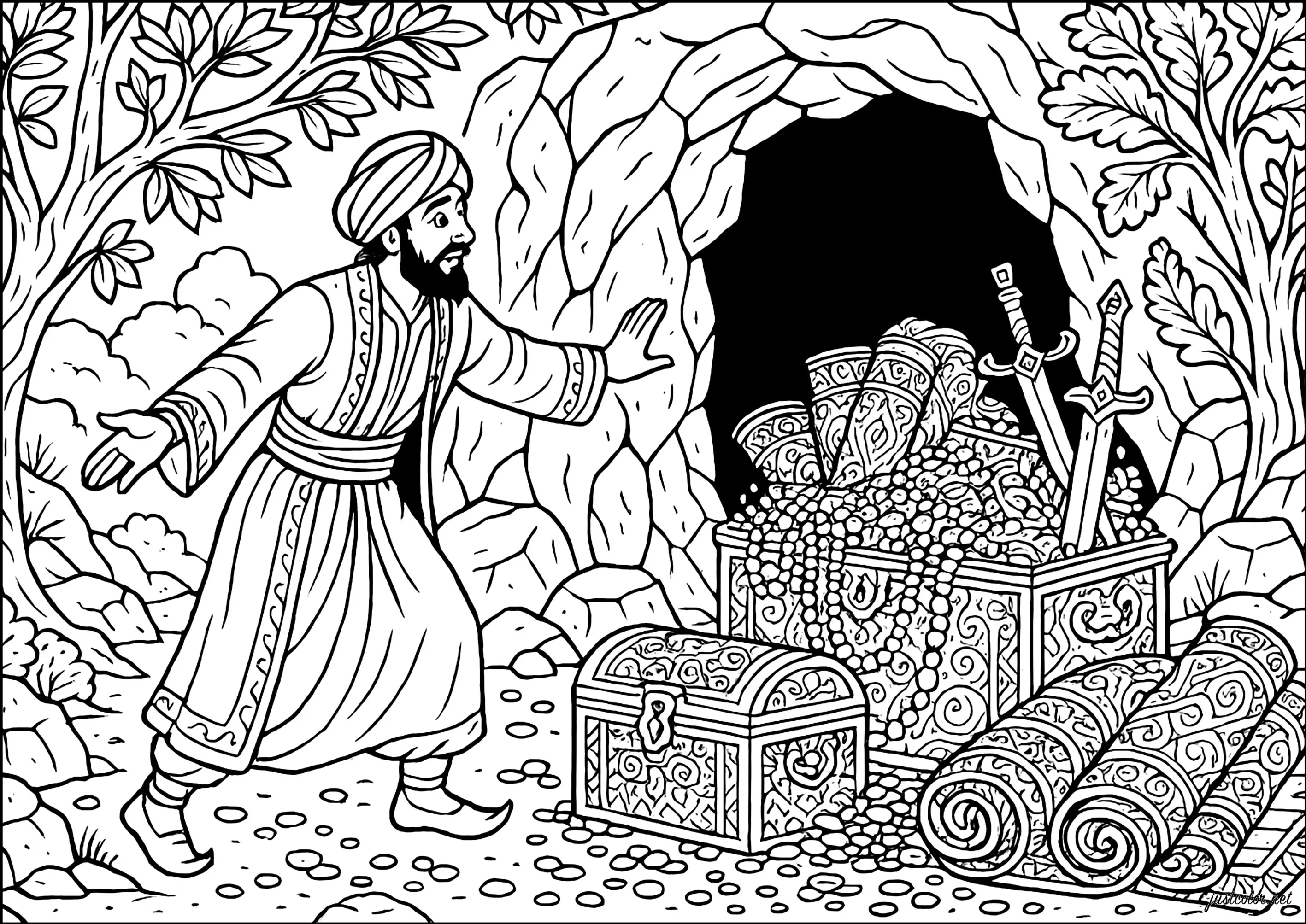 Ali Baba découvrant la caverne aux trésors (Coloriage d'Orient et 1001 Nuits à imprimer pour adultes)