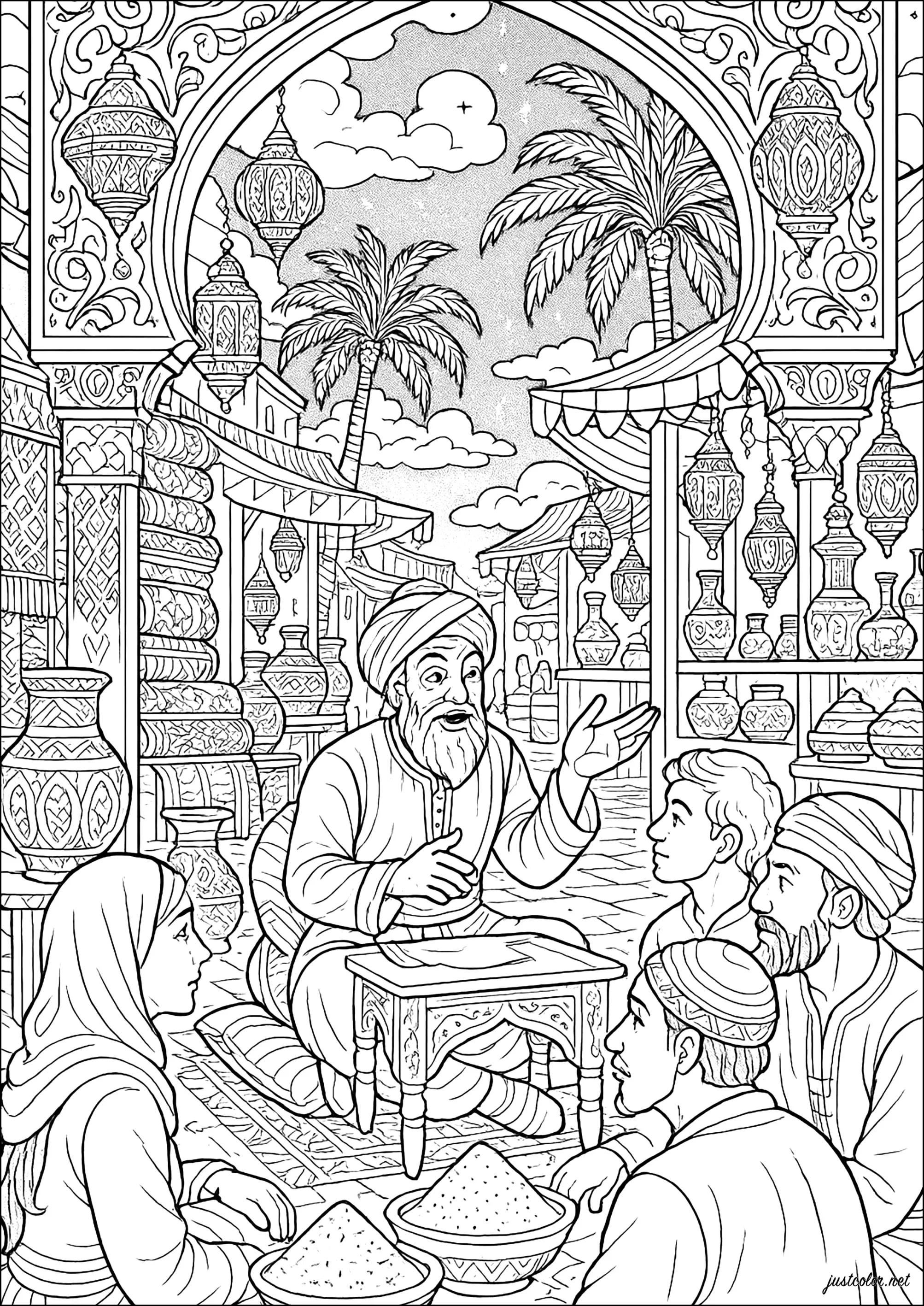 Le conteur du Bazar (Coloriage d'Orient et 1001 Nuits à imprimer pour adultes)