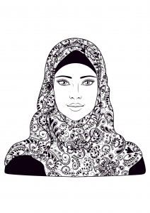 Une jeune femme musulmane portant le hijab (Coloriage d'Orient et 1001 Nuits)