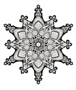 Un Mandala inspiré de motifs et illustrations orientales, avec énormément de détails et de régularité (Coloriage d'Orient et 1001 Nuits)