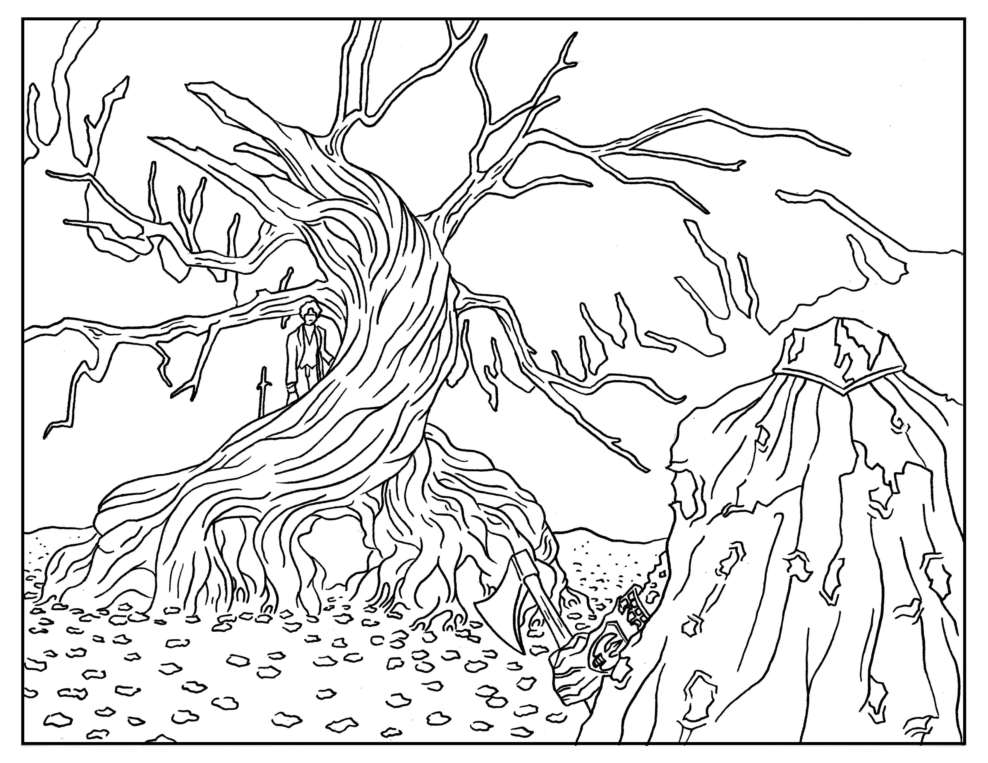 Coloriage inspiré du film de Tim Burton Sleepy Hollow, avec Johnny Depp