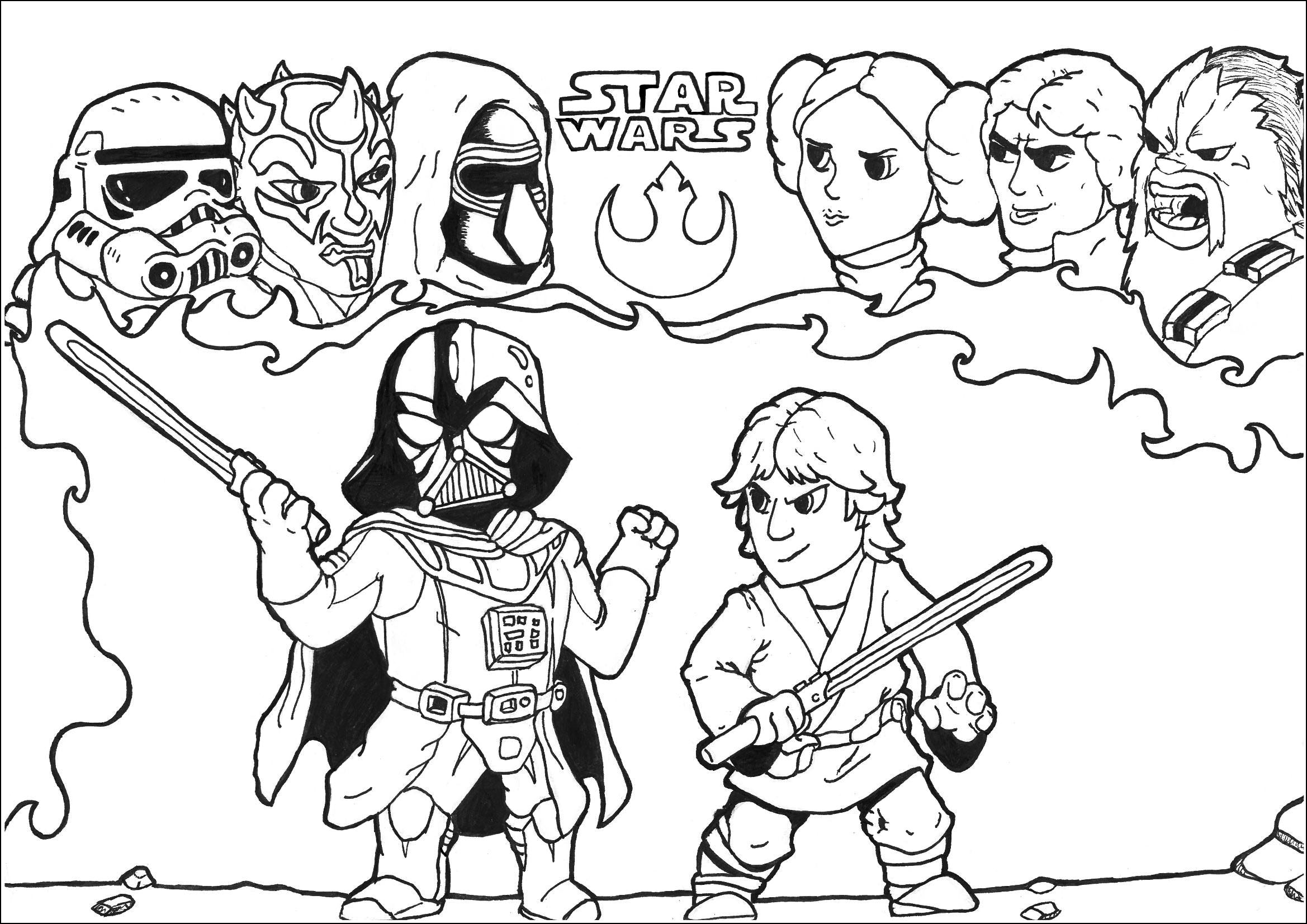Coloriage inspiré du film Culte Star Wars mettant en scène un combat entre Luke Skywalker et Dark Vador En arrière plan les proches de chacun des combattants apparaissent dans leurs pensées