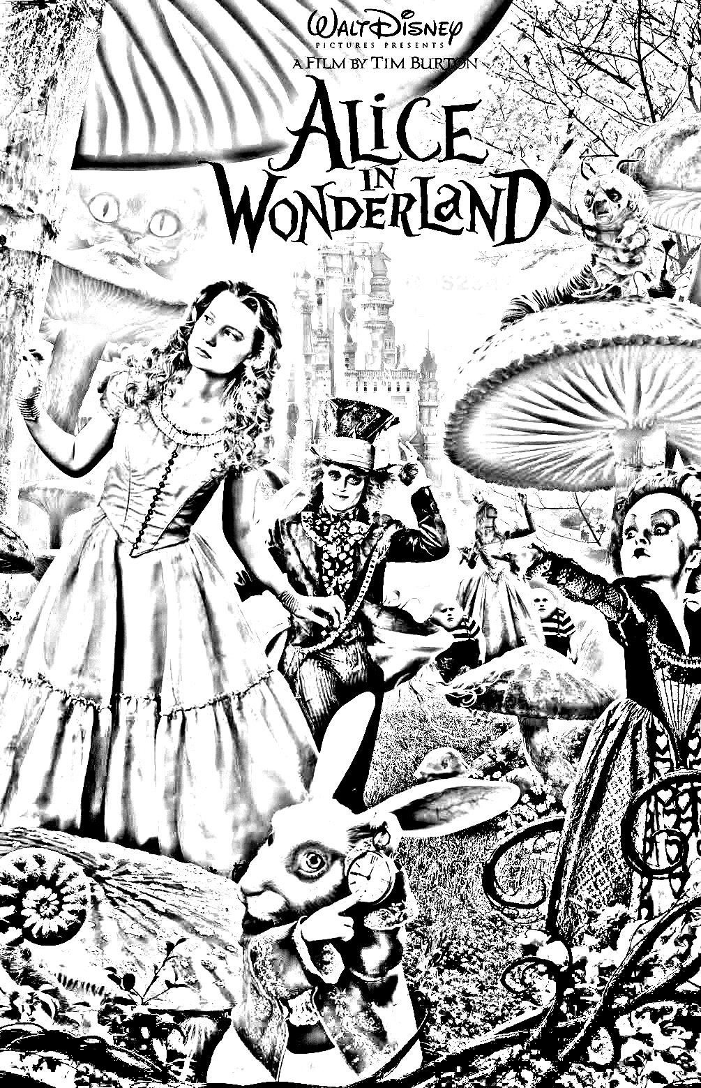 Coloriage affiche Alice au pays des merveilles Tim Burton (Disney). Ce coloriage est parfait pour les fans du film, car il permet de revivre les aventures d'Alice et de ses compagnons.