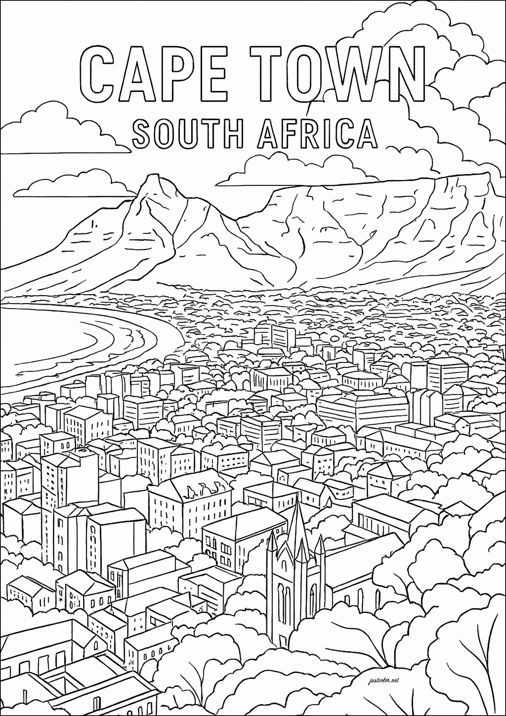 Vue sur la ville de Cape Town en Afrique du Sud (Coloriage à imprimer pour adultes)