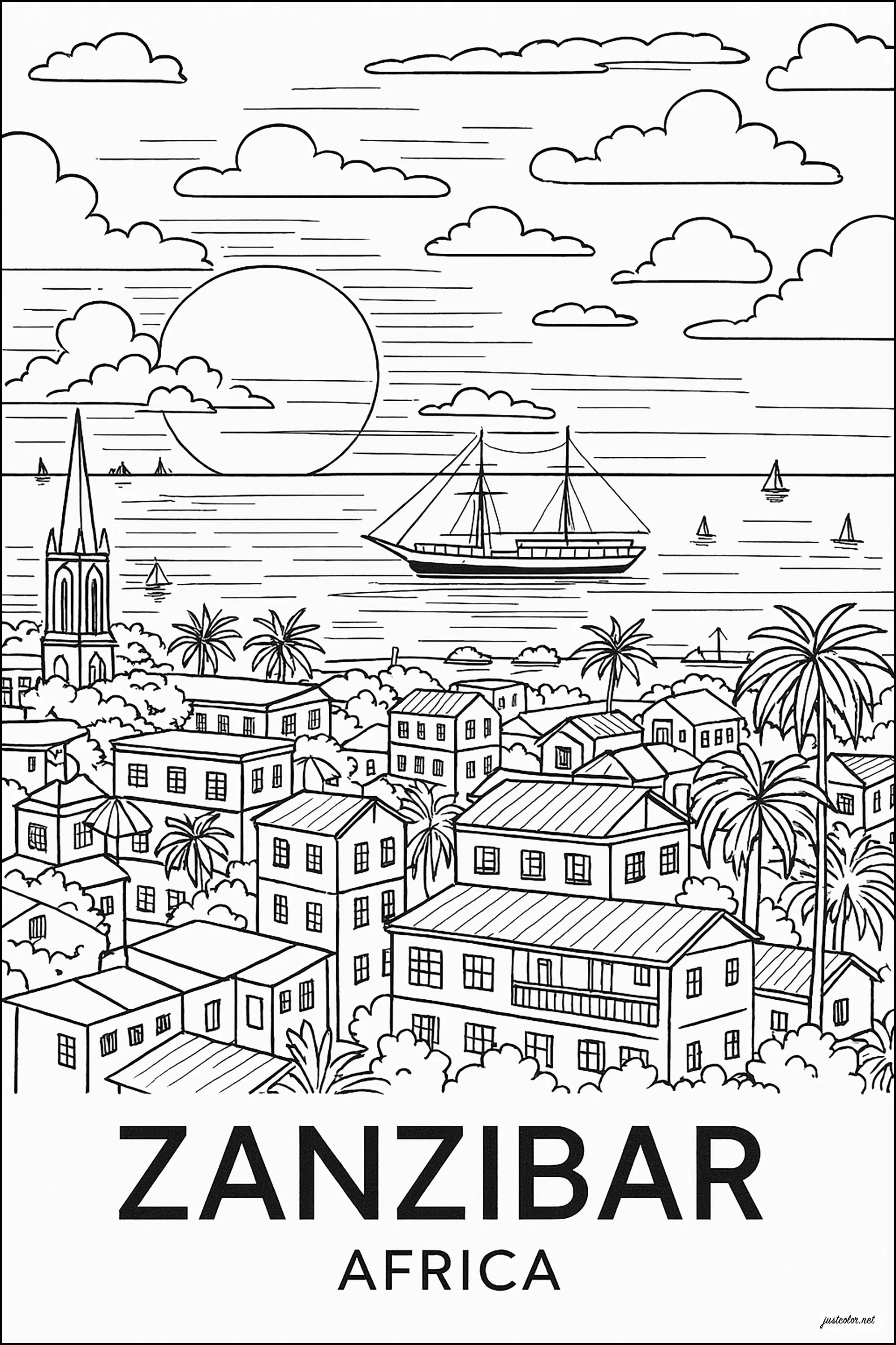 Le port de Zanzibar (Coloriage d'Afrique à imprimer pour adultes)