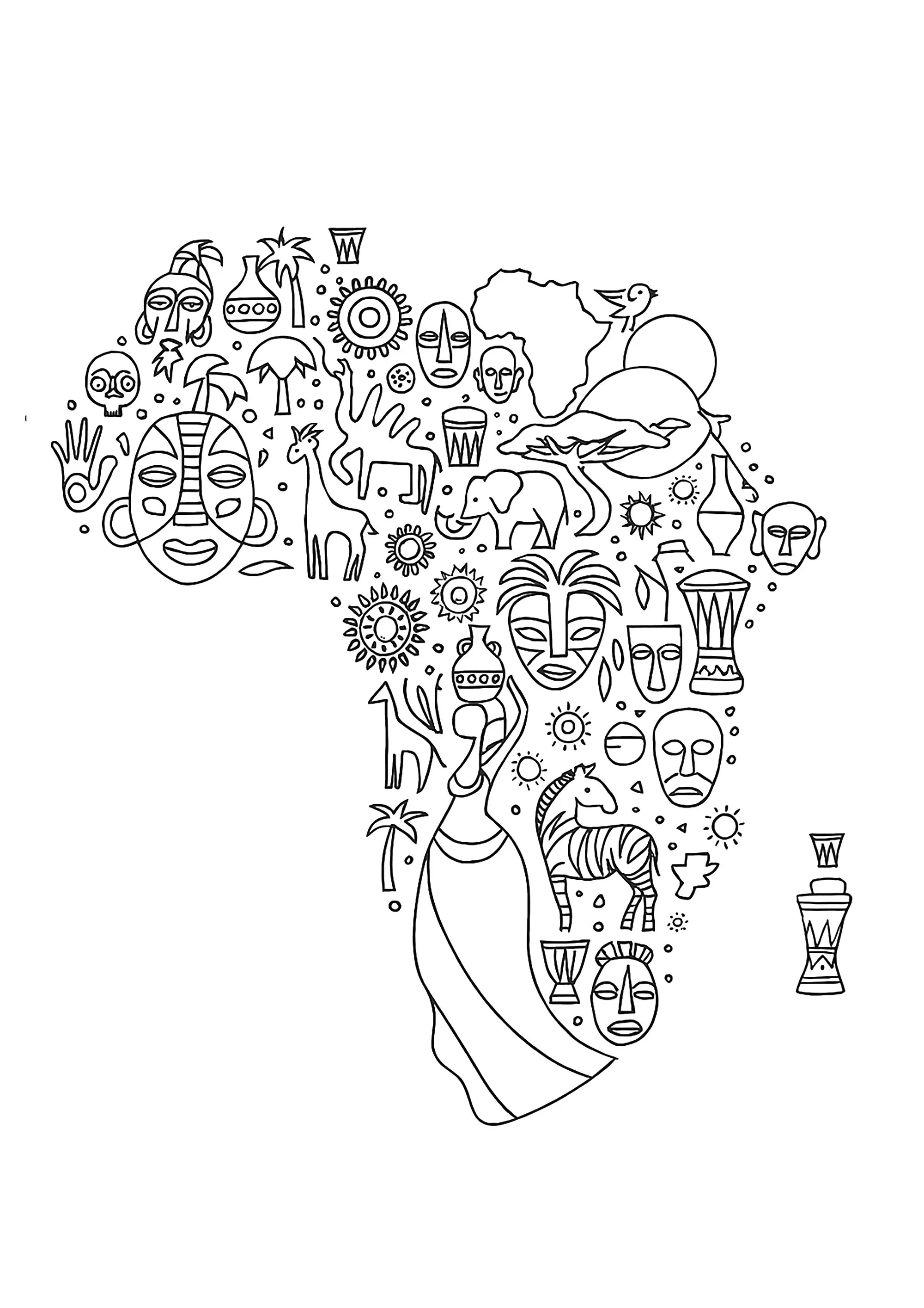 Le continent africain composé de plusieurs symboles de l'Afrique (Coloriage d'OLDAfrique à imprimer pour adultes)