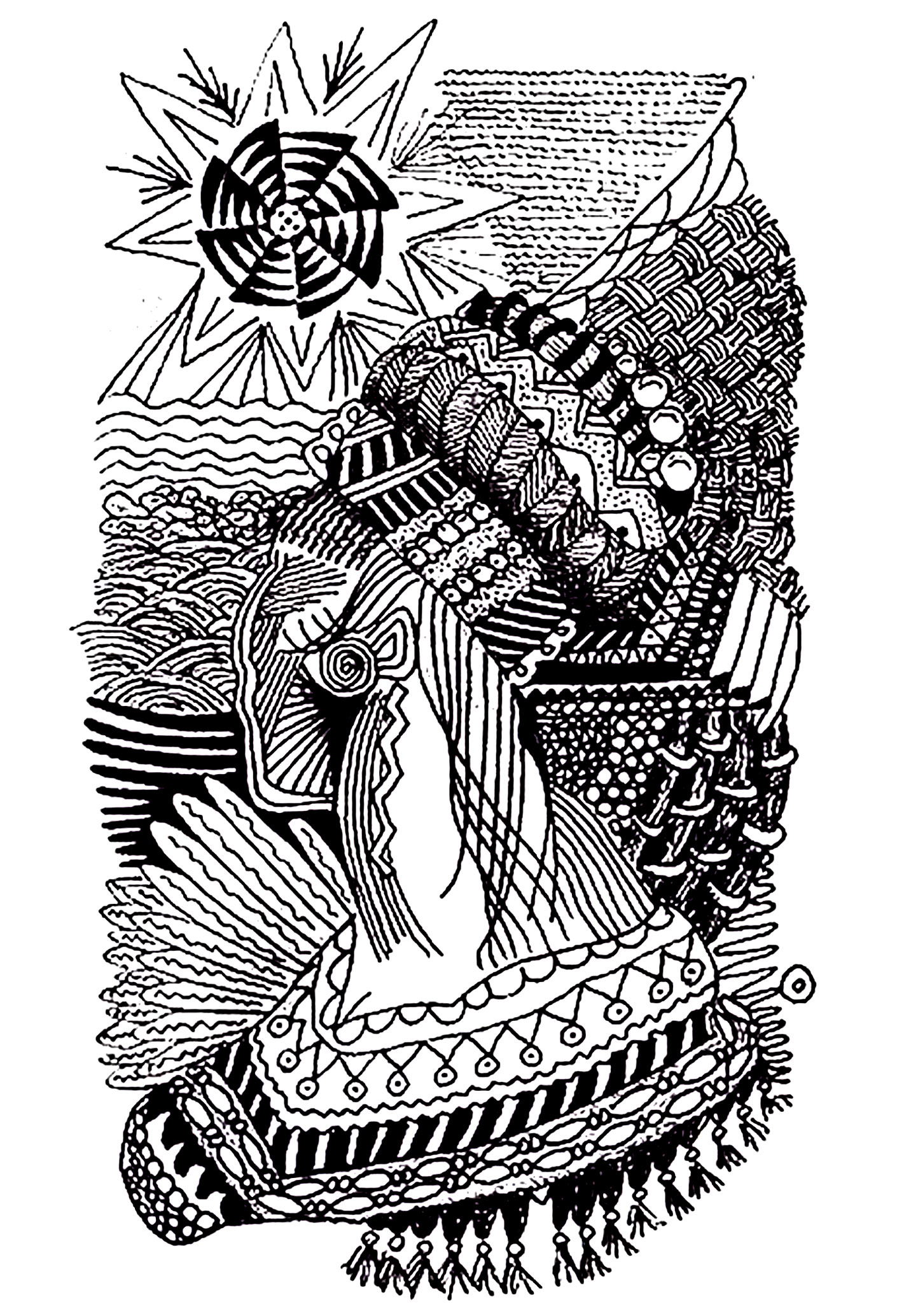 Dessin d'une femme africaine, utilisant des motifs zentangle. Les lignes sont tracées avec une certaine douceur, et les motifs Zentangle ajoutent une touche d'originalité et de sophistication.Ce coloriage est une excellente façon de s'évader et de se reconnecter avec son côté créatif.