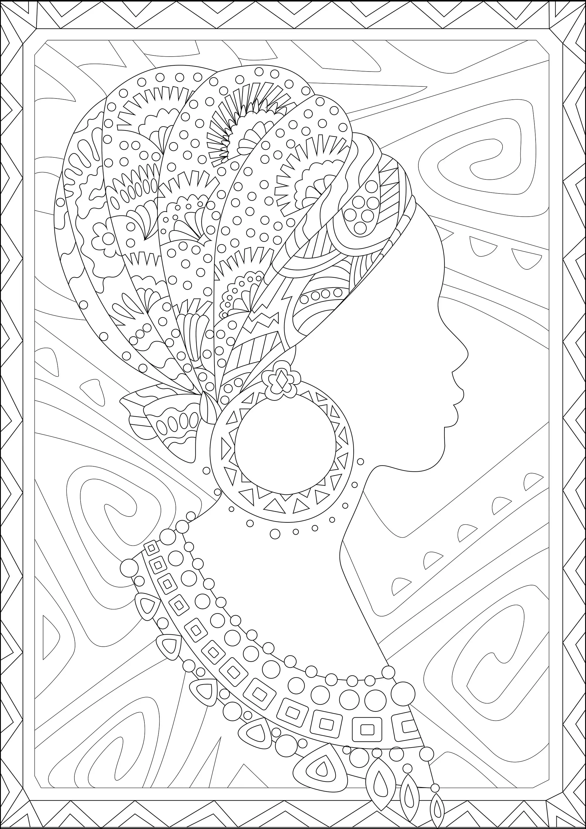 Profil de femme africaine avec motifs semi-abstraits (Coloriage d'Afrique à imprimer pour adultes)