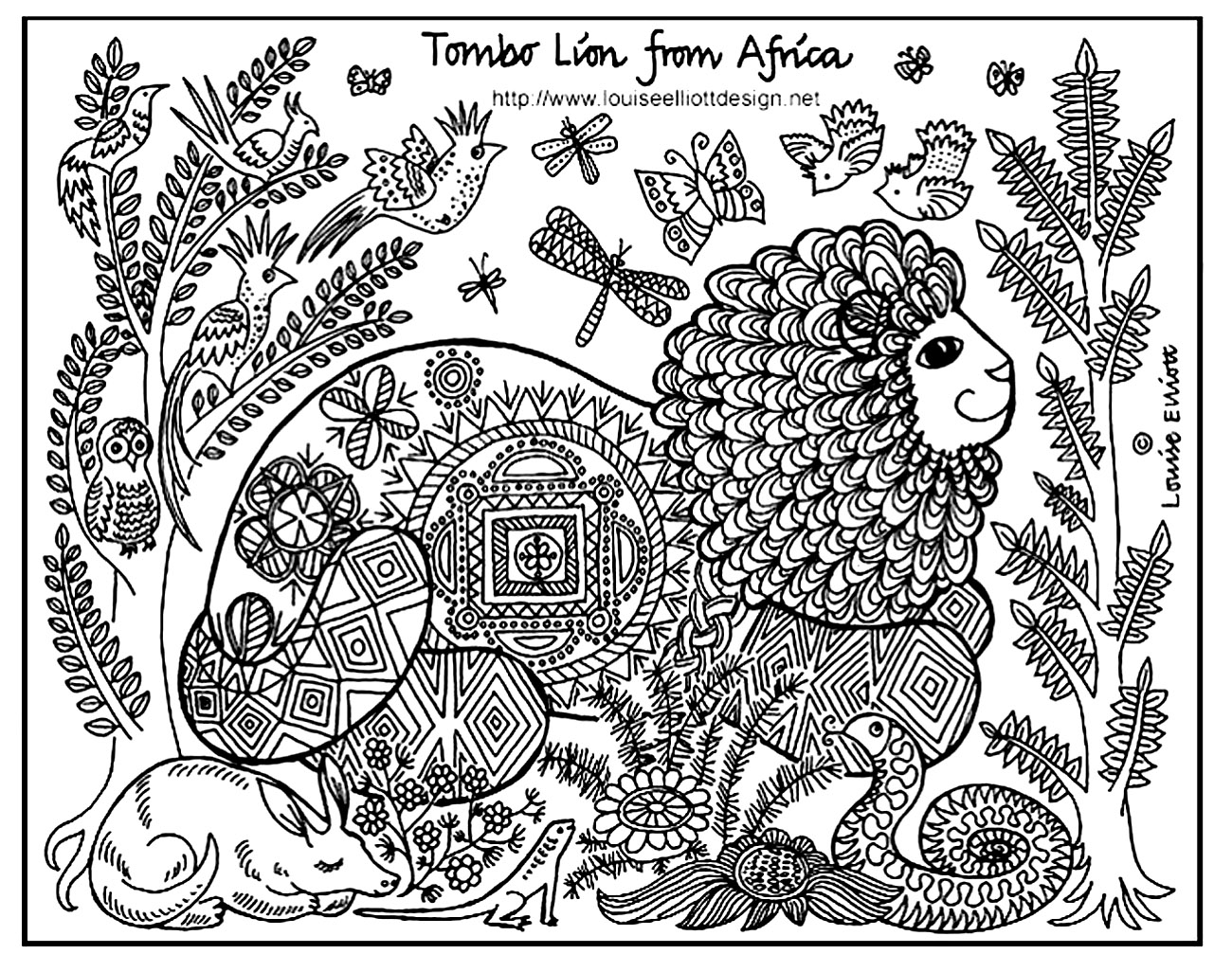 Dessin à colorier 'Tombo le lion d'Afrique' (Source : Louise Elliot)