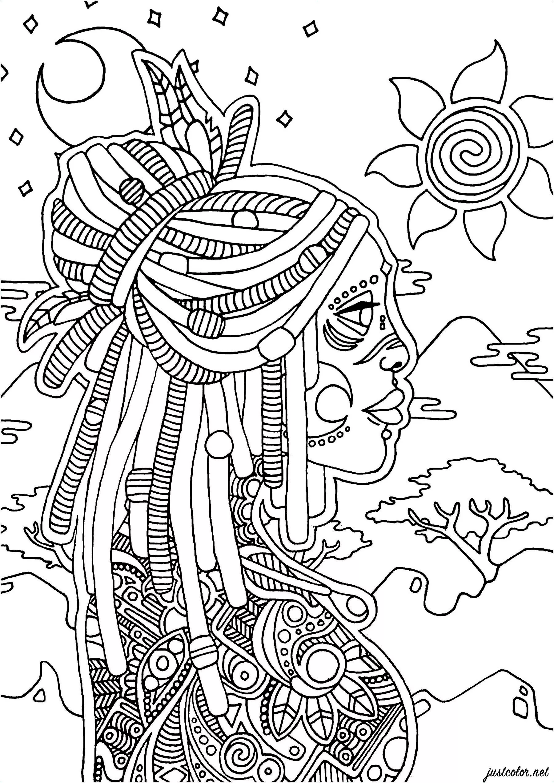 Portrait d'une femme avec paysage (Coloriage d'OLDAfrique à imprimer pour adultes)