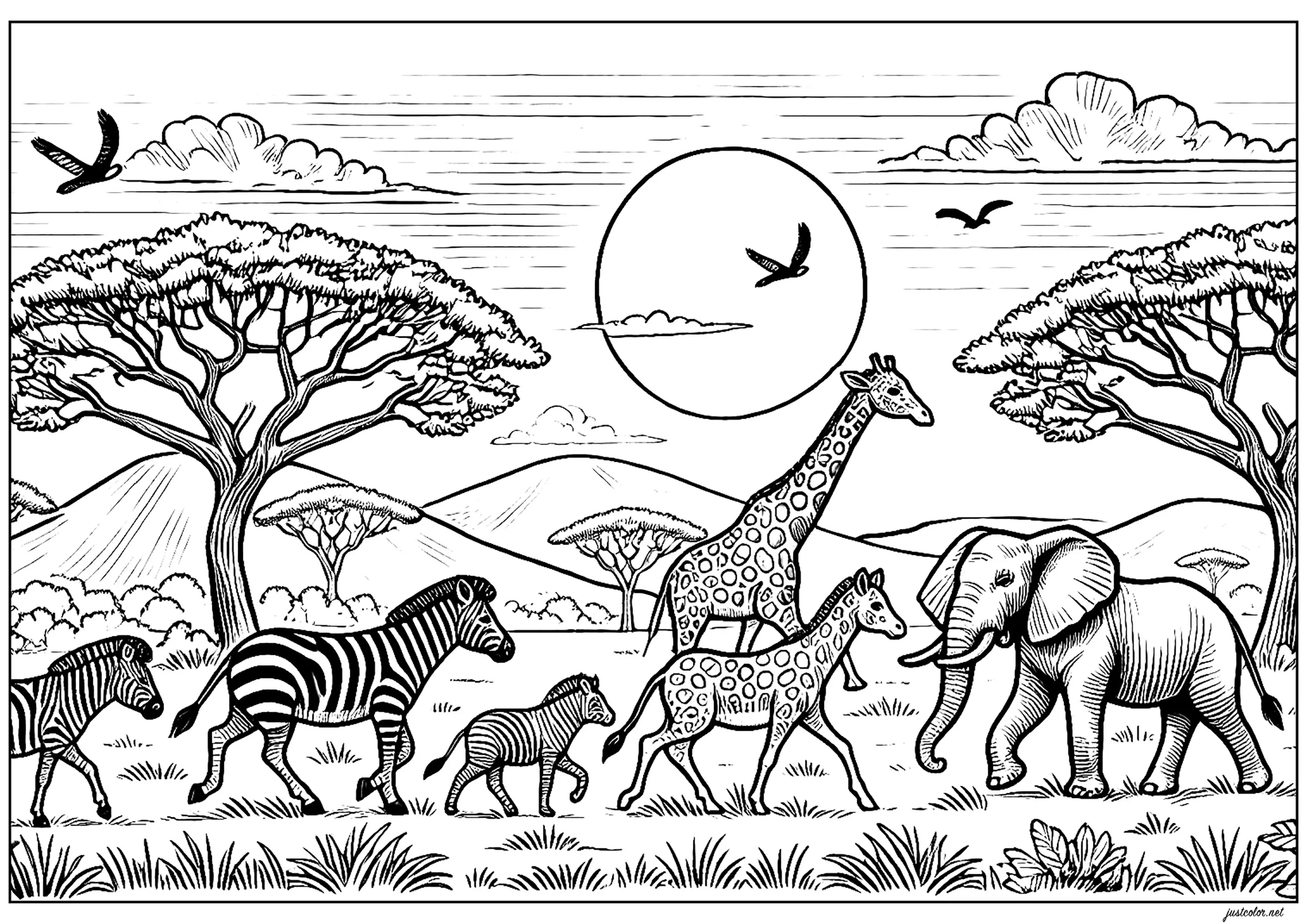 Safari en Afrique : Marche des animaux majestueux (Coloriage d'OLDAfrique à imprimer pour adultes)
