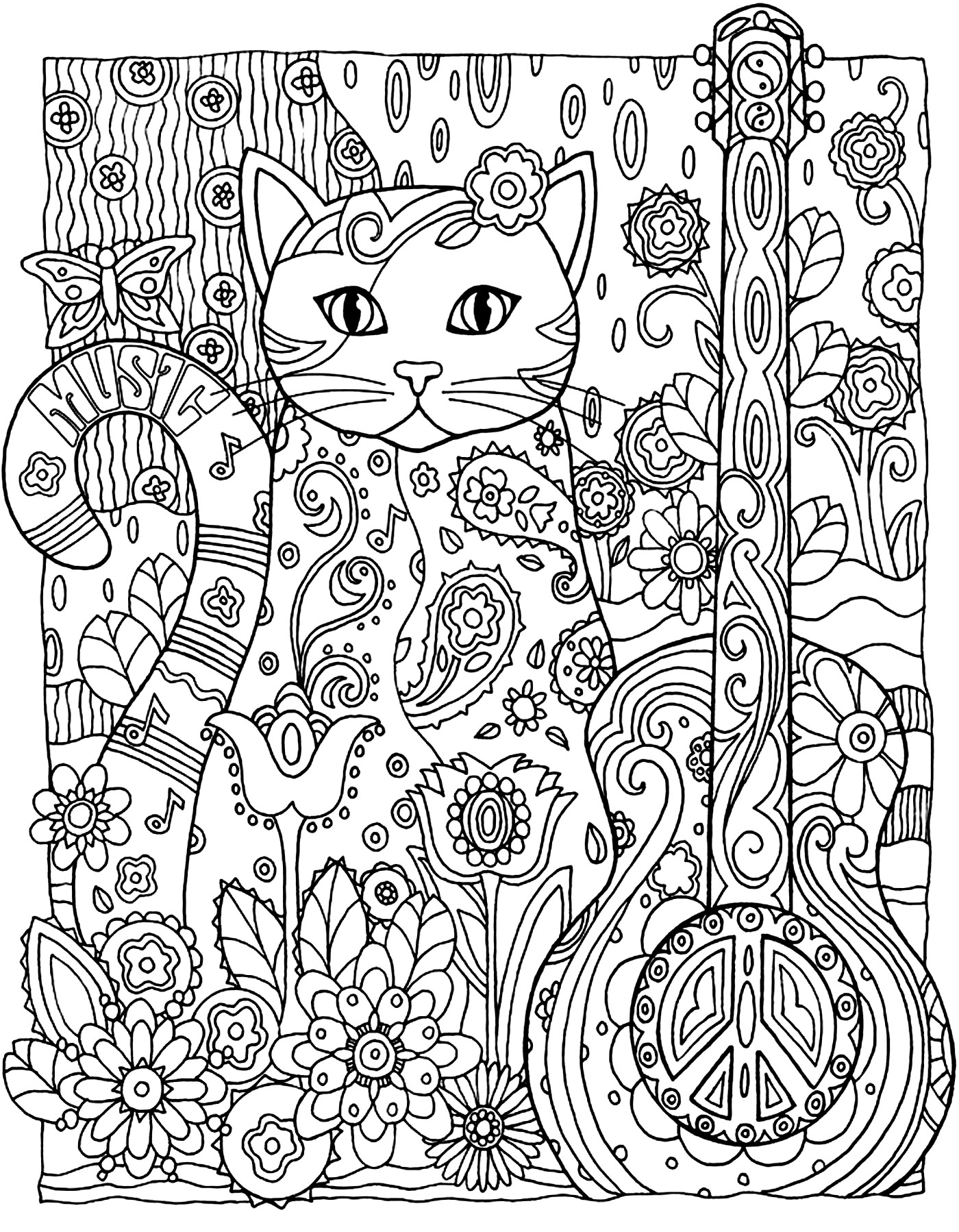 coloriage adulte animaux chat guitare 2 free to print