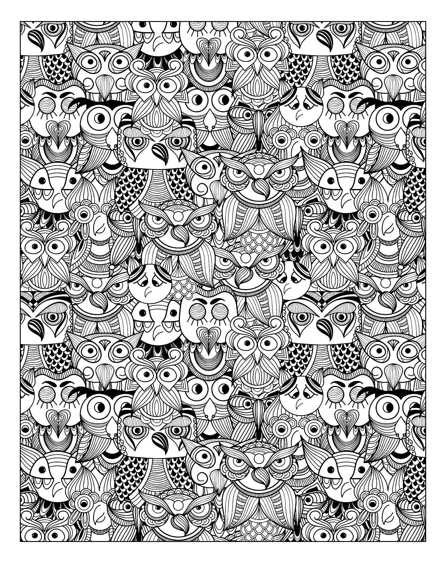 coloriage adulte animaux nombreux hiboux 2 free to print