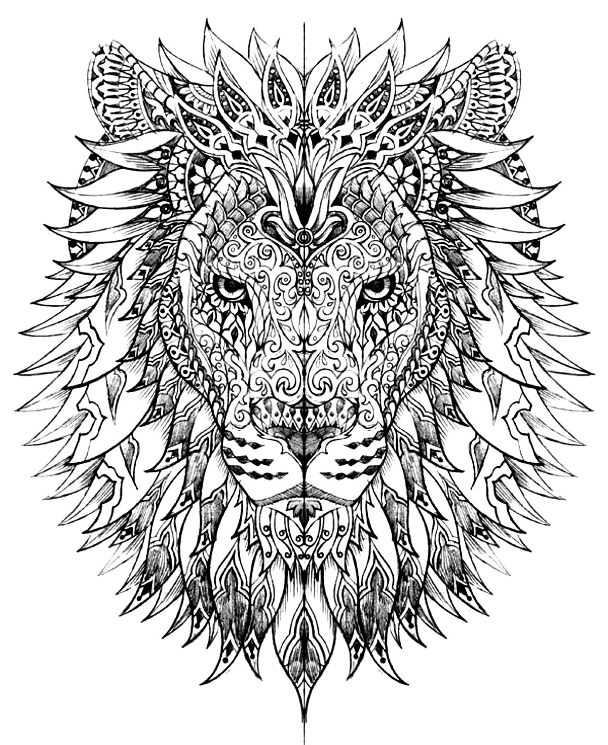 coloriage adulte difficile tete lion 2 free to print