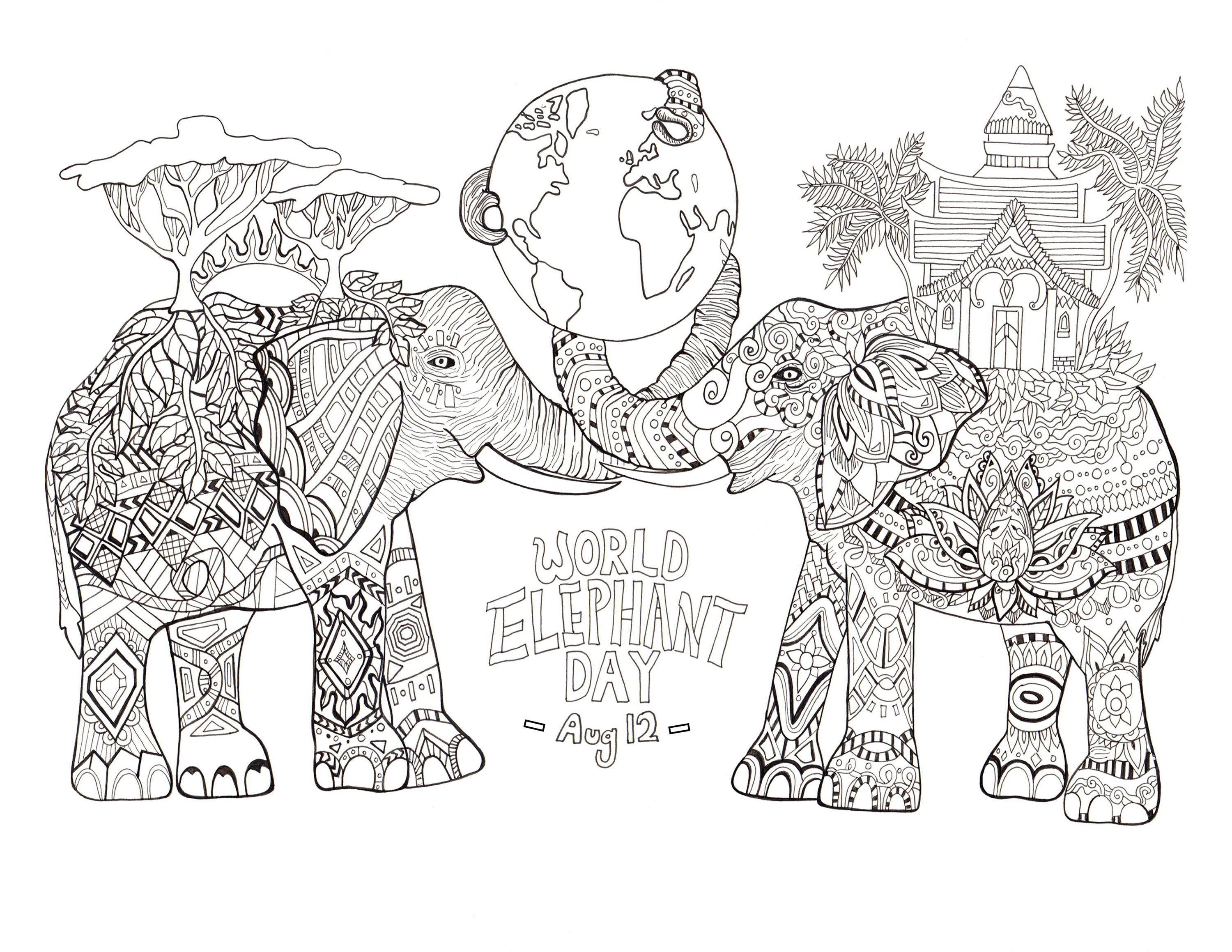 coloriage adulte jour mondial des elephants free to print