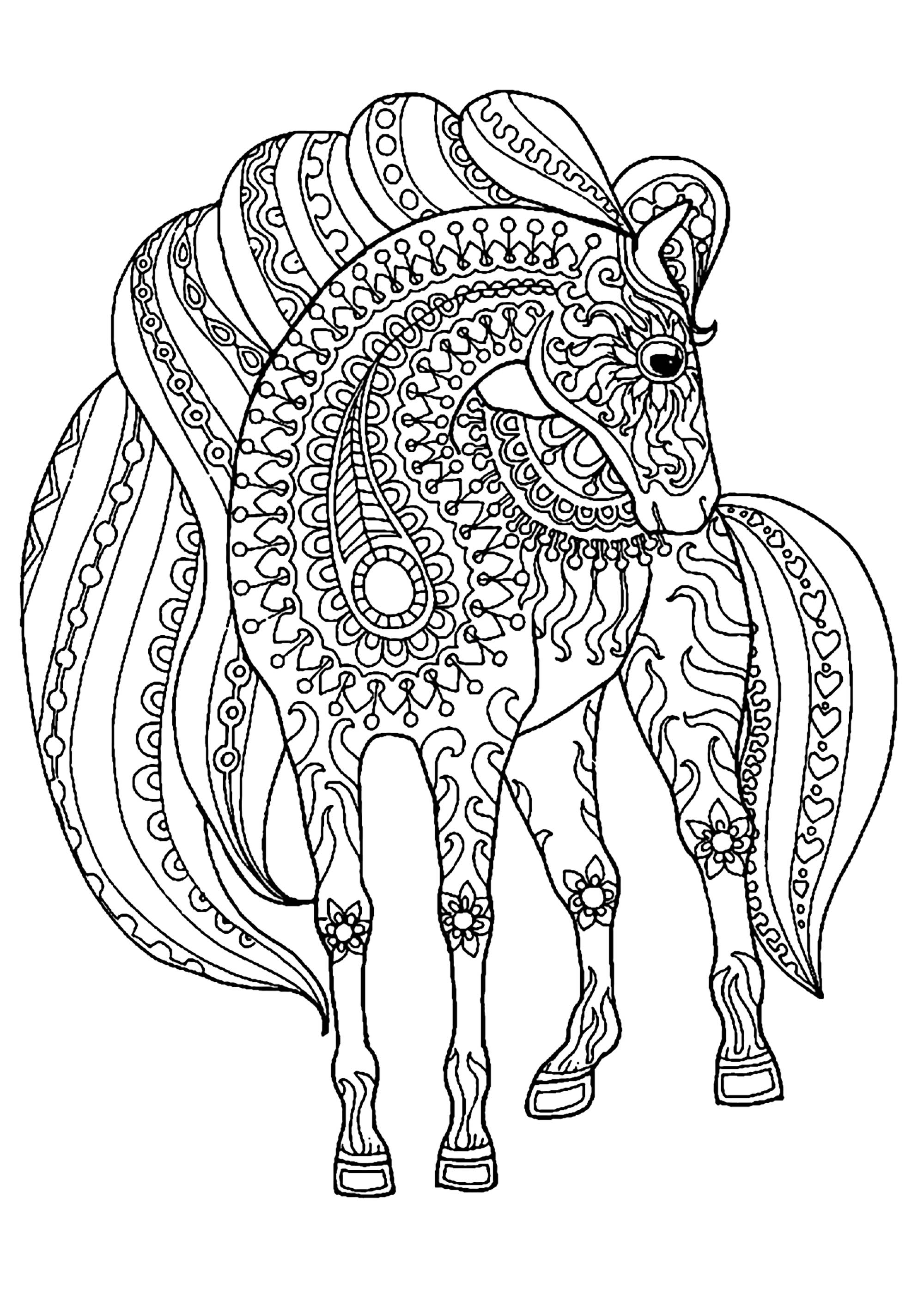 coloriage cheval motifs zentangle simples free to print