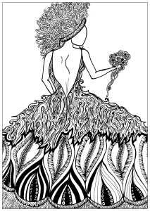 Coloriage adulte elanise art femme et robe fleurie