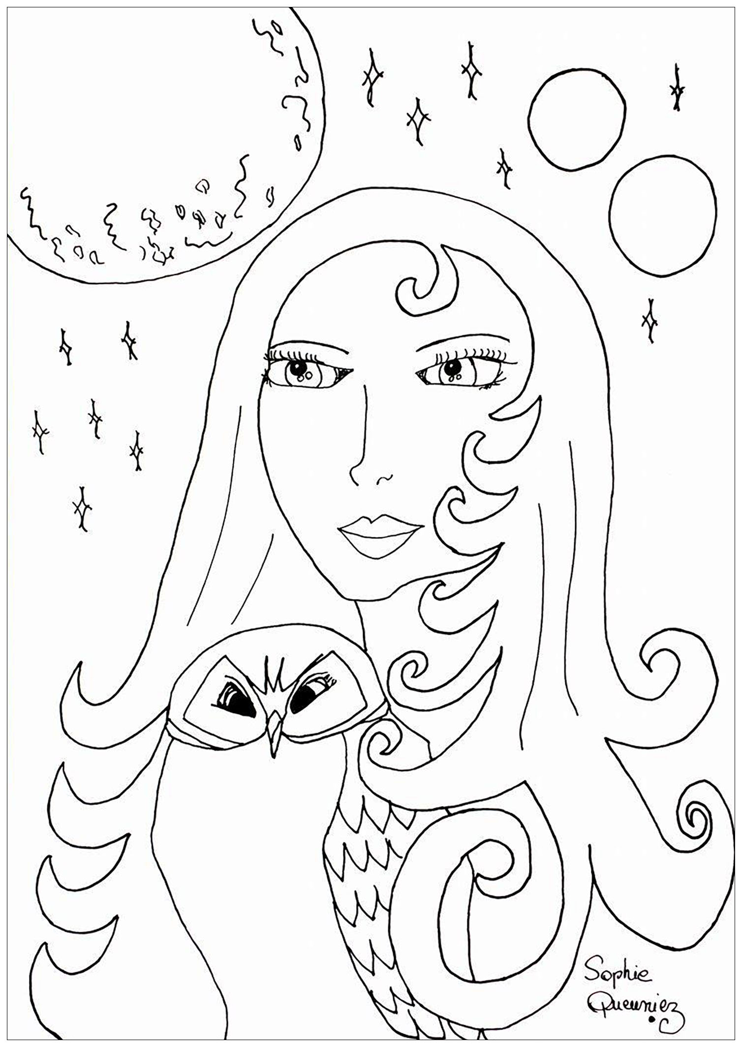 Pleine lune et hibou, Artiste : Sophie Queuniez-Wojciechowski