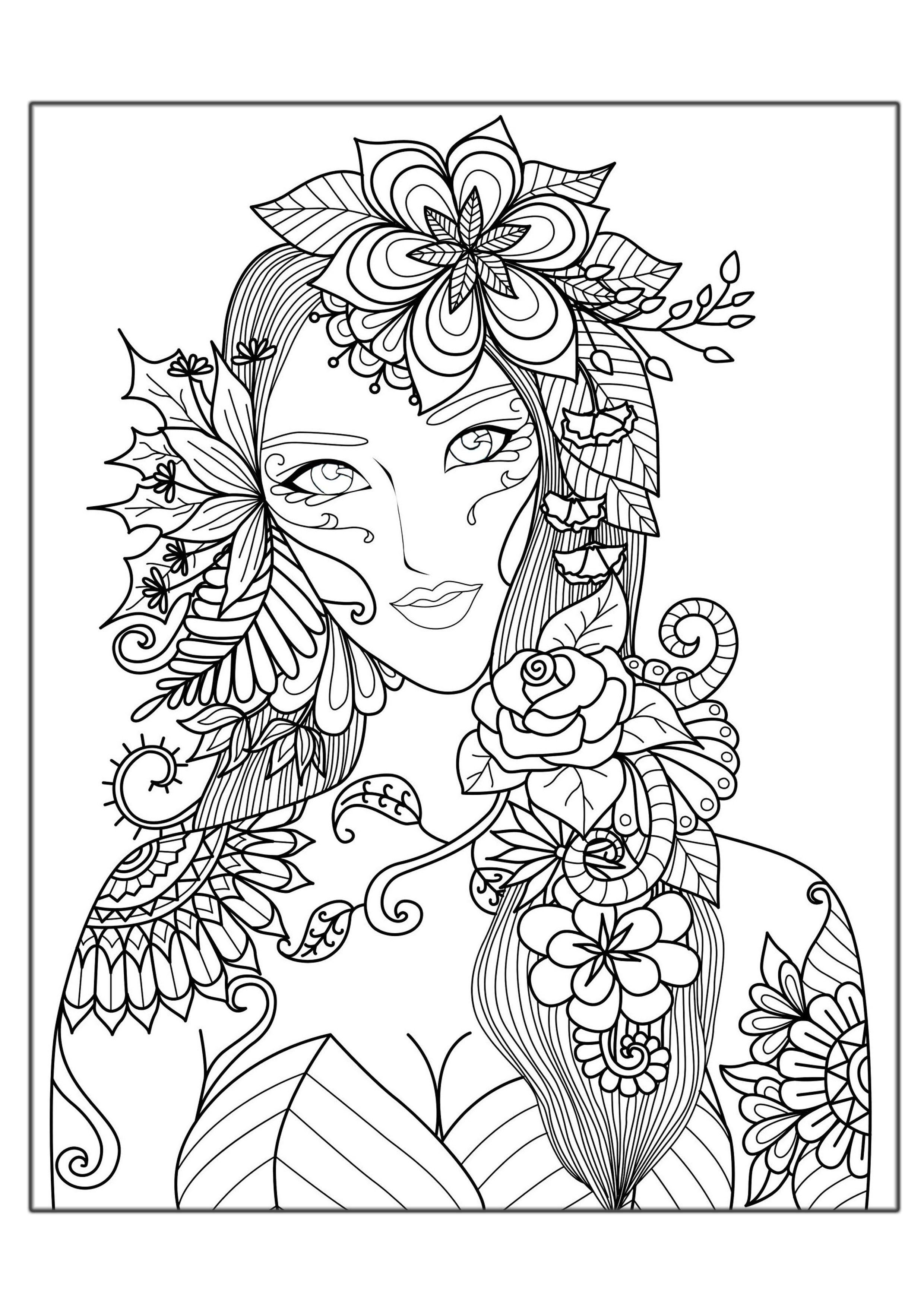 Femme fleurs - Anti-stress & Art-thérapie - Coloriages difficiles