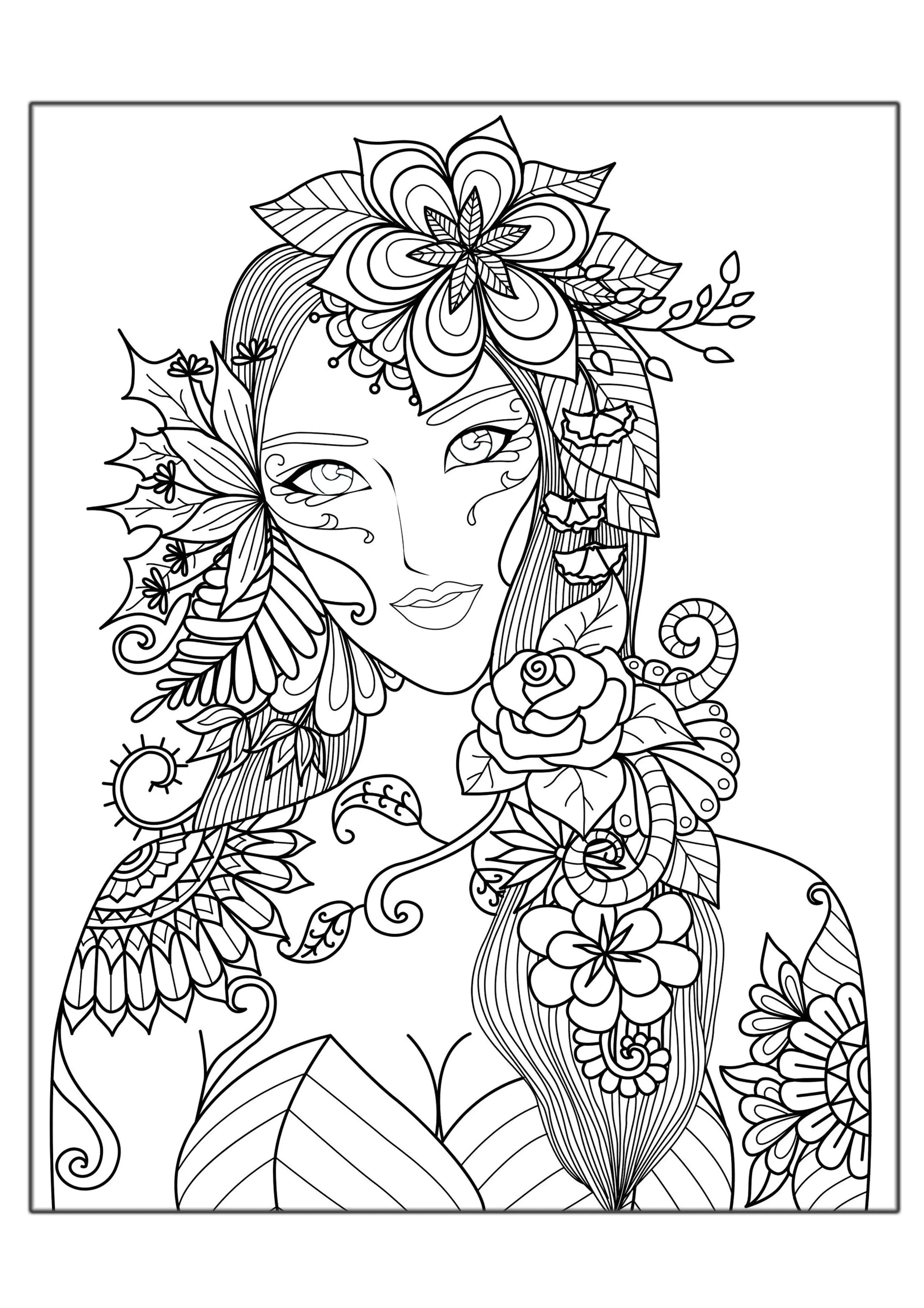 Femme fleurs (Coloriage Anti-stress à imprimer pour adultes)