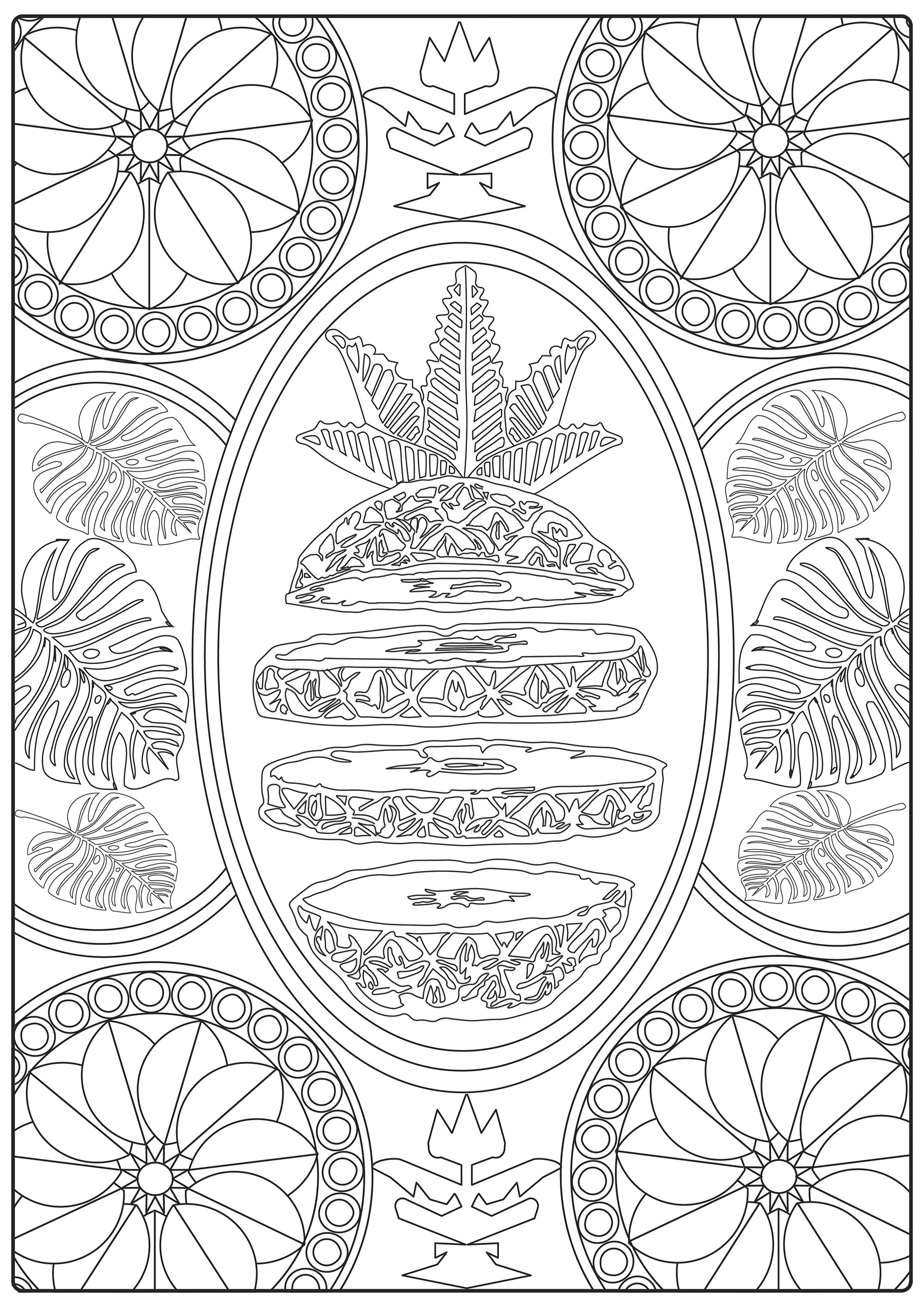 Ananas coupé et Mandalas. Joli coloriage avec un Ananas coupé en tranche entouré de mandalas et feuilles joliment dessinées, Artiste : Morgan