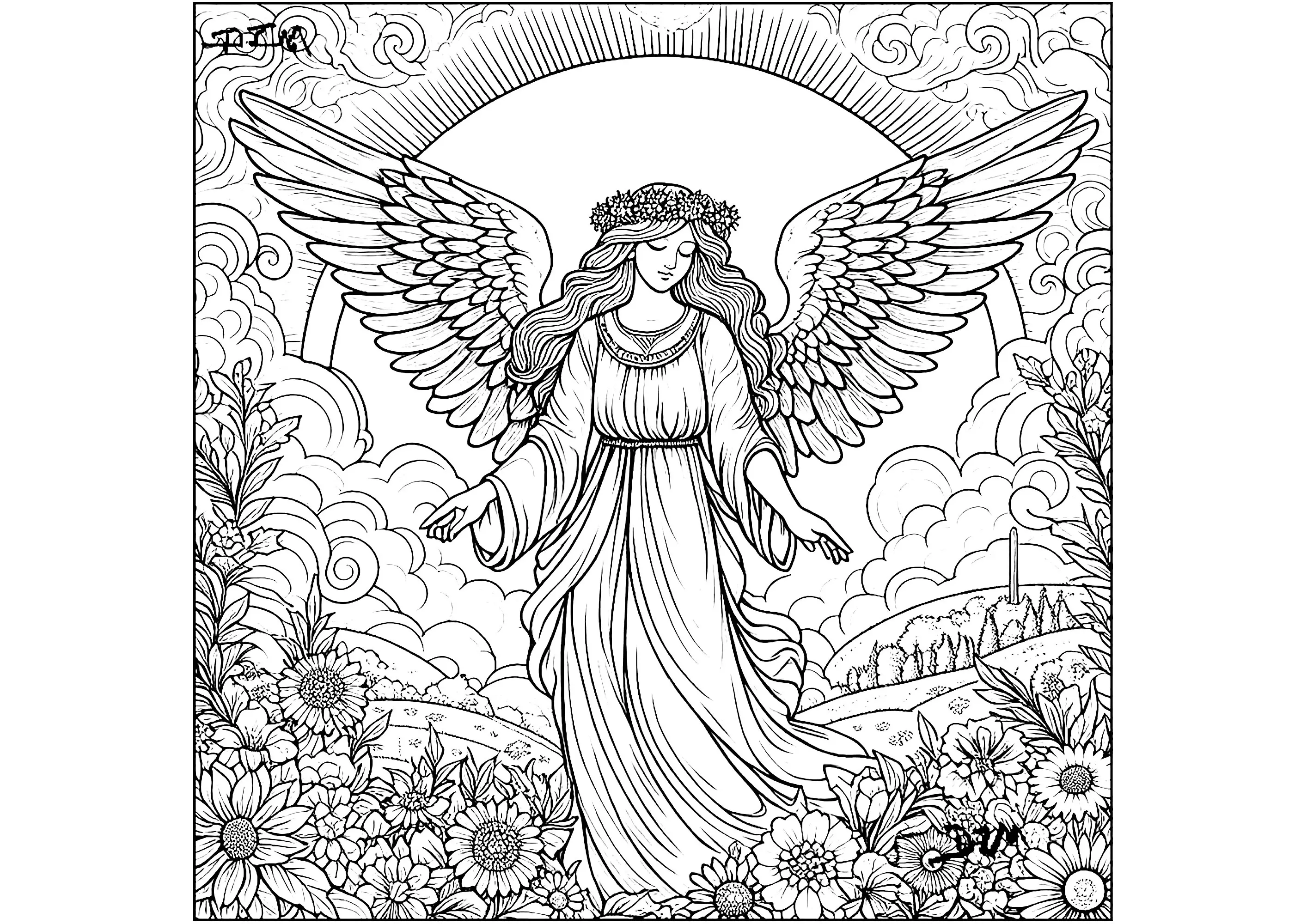 Ange et fleurs (Coloriage Anti-stress à imprimer pour adultes)