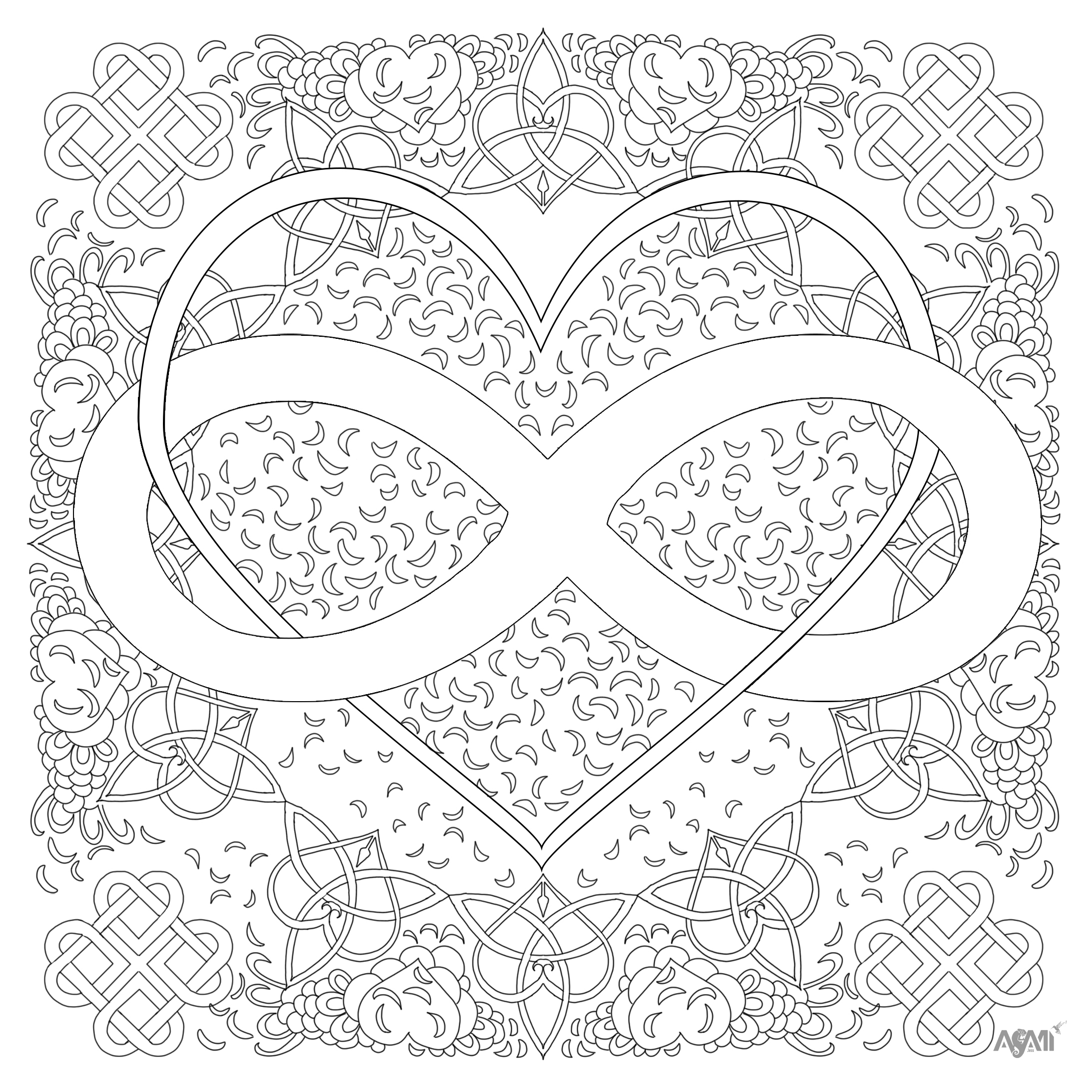 Symbole de l'infini et nombreux motifs. Ce coloriage est un rappel de l'infini et de la complexité de notre monde.Il est un symbole de l'éternité et de la beauté qui se trouve dans chaque moment, Artiste : Jessica Masia