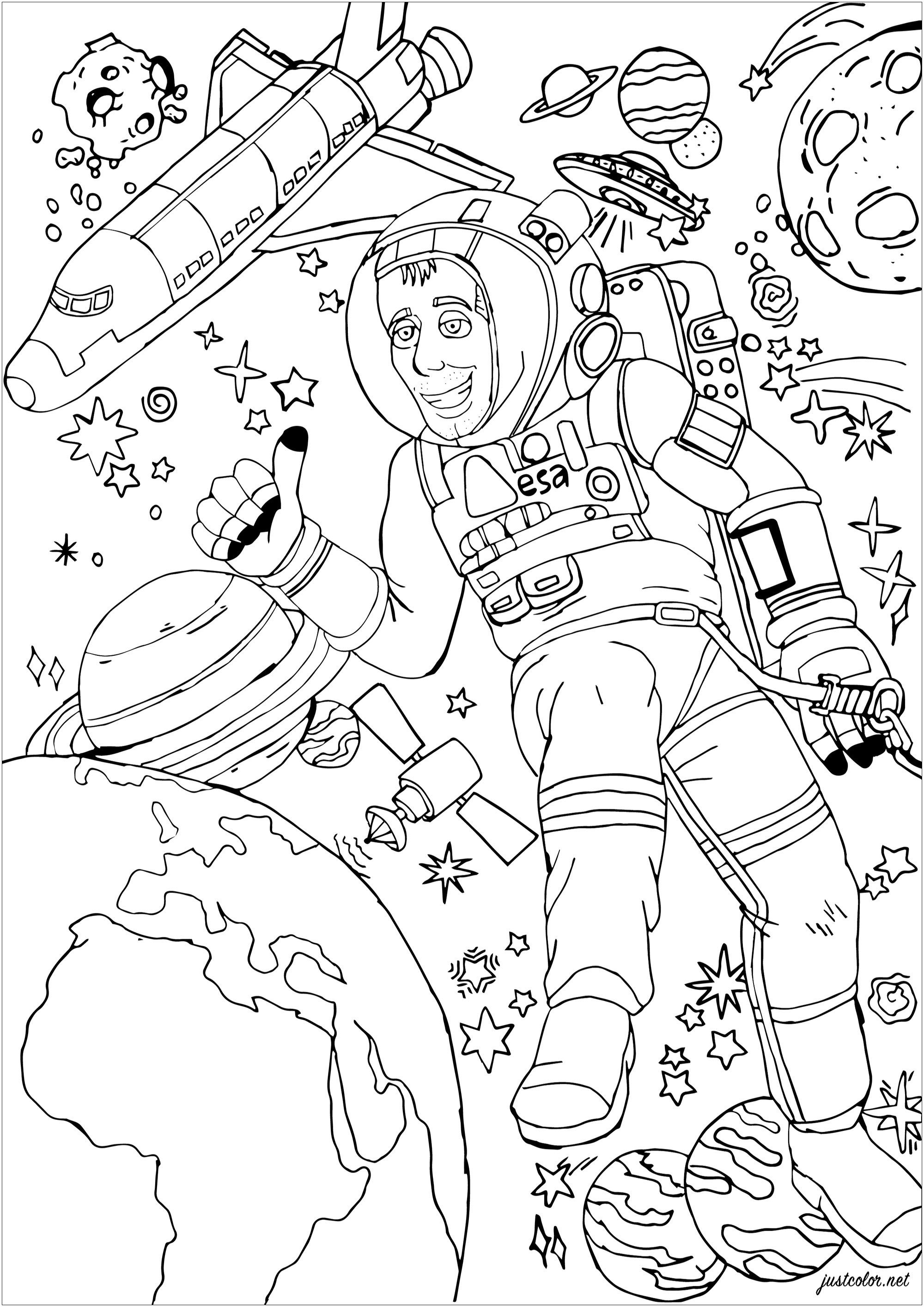 L'astronaute Thomas Pesquet lors d'une sortie dans l'espace. La Terre, la Lune et diverses planètes sont à colorier, ainsi qu'une navette spatiale, Artiste : Morgan