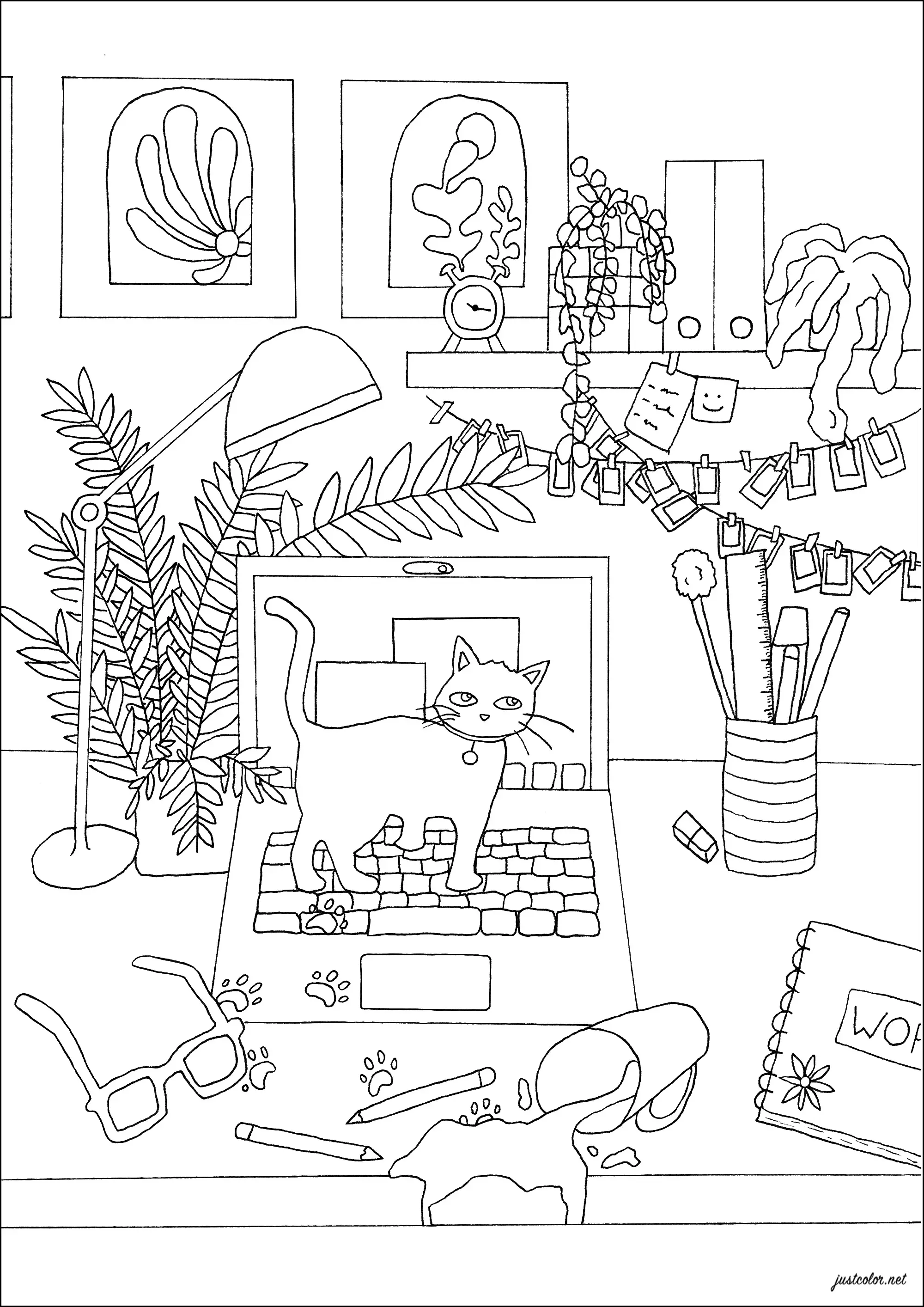 Chat sur ordinateur portable (Coloriage Anti-stress à imprimer pour adultes)