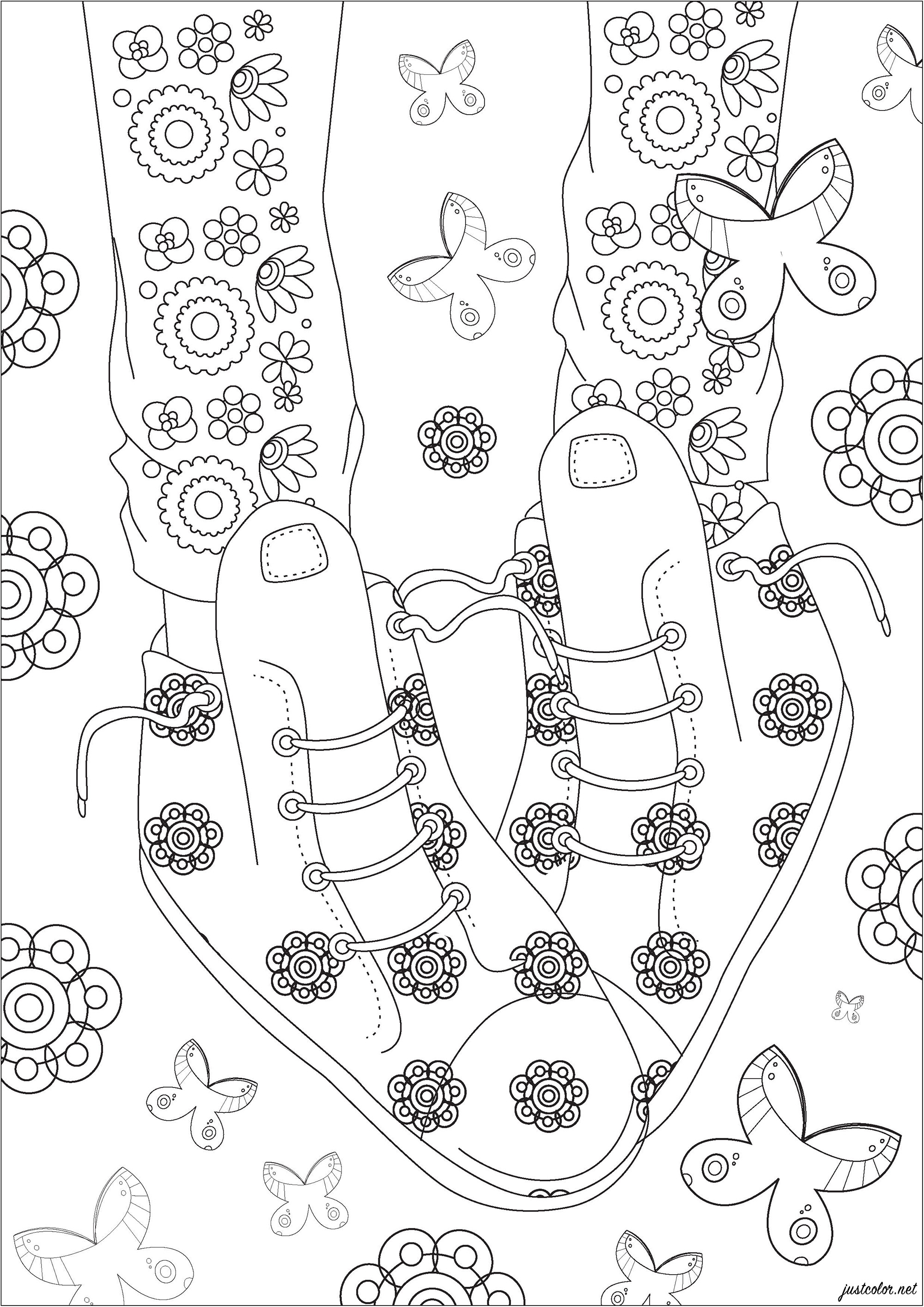 Chaussures et lacets, avec motifs de fleurs et de papillons. Dans ce coloriage, on voit une paire de chaussures avec de jolis motifs floraux. Autour volent de nombreux papillons.