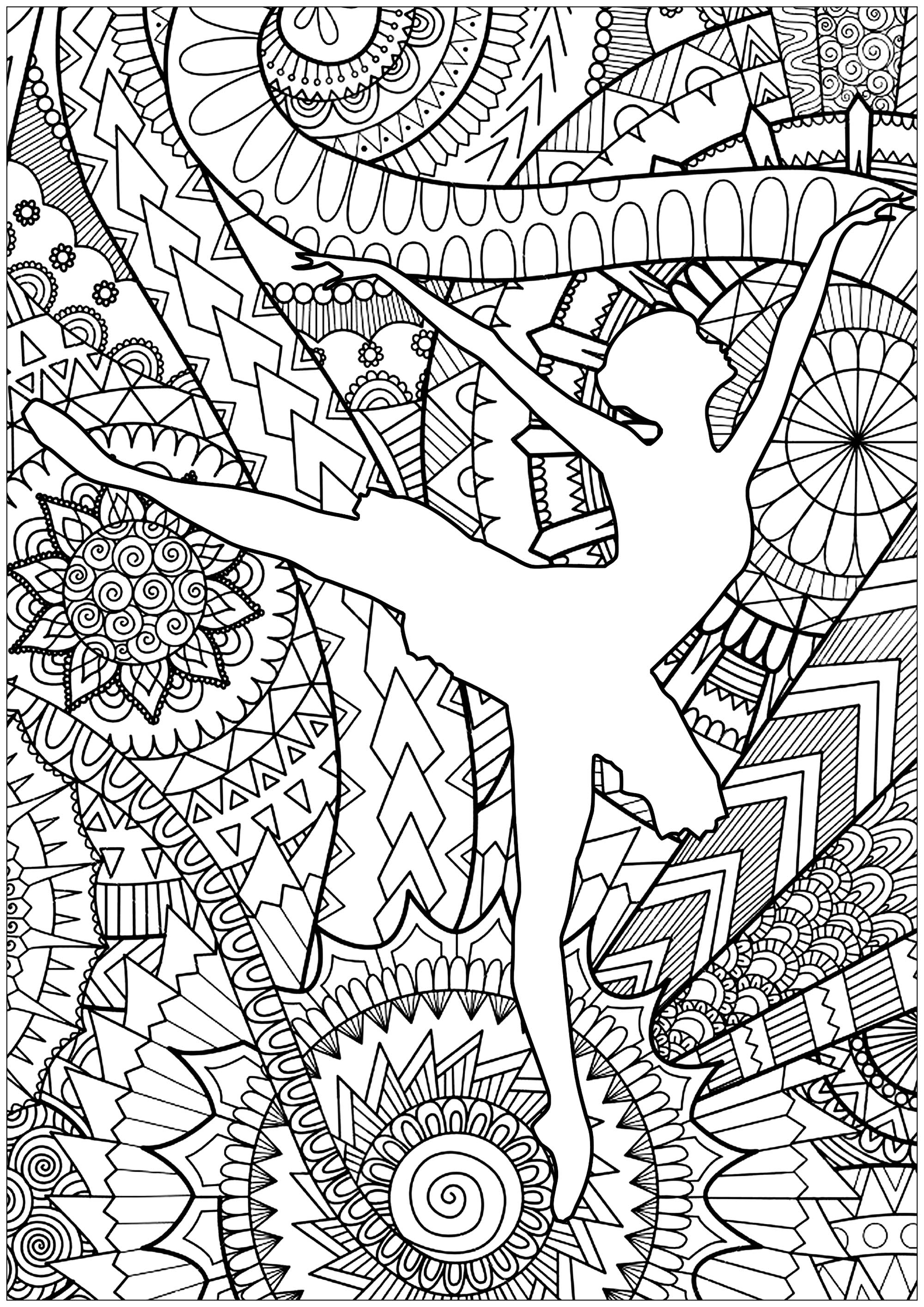 Jolie silhouette de danseuse de ballet, avec en fond des motifs abstraits composés de mandalas et de formes organiques, Artiste : Art'Isabelle