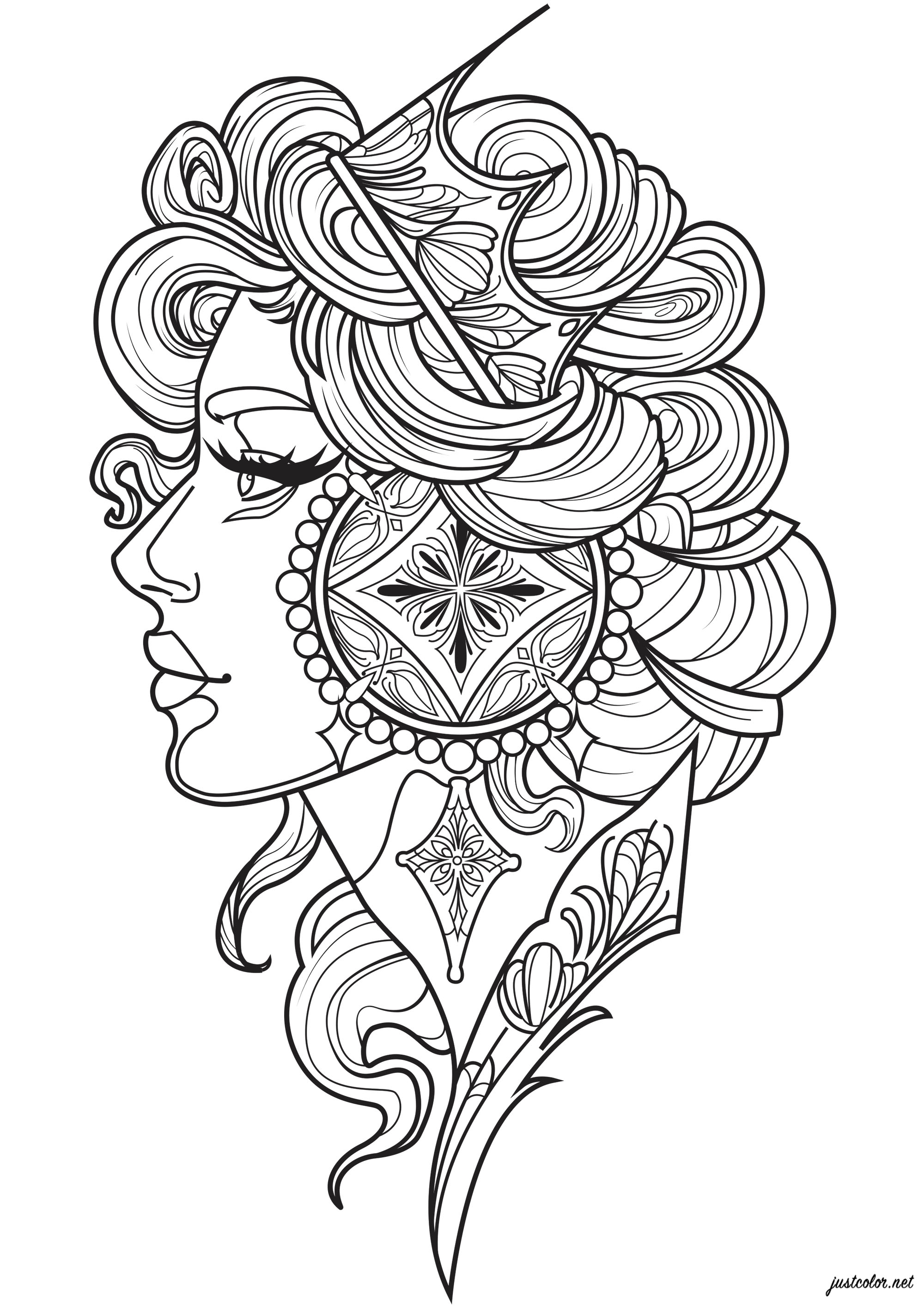 Femme de profil avec une couronne et une boucle d'oreille (Coloriage Anti-stress) Femme de profil avec une couronne et une boucle d'oreille (Coloriage Anti-stress à imprimer pour adultes)