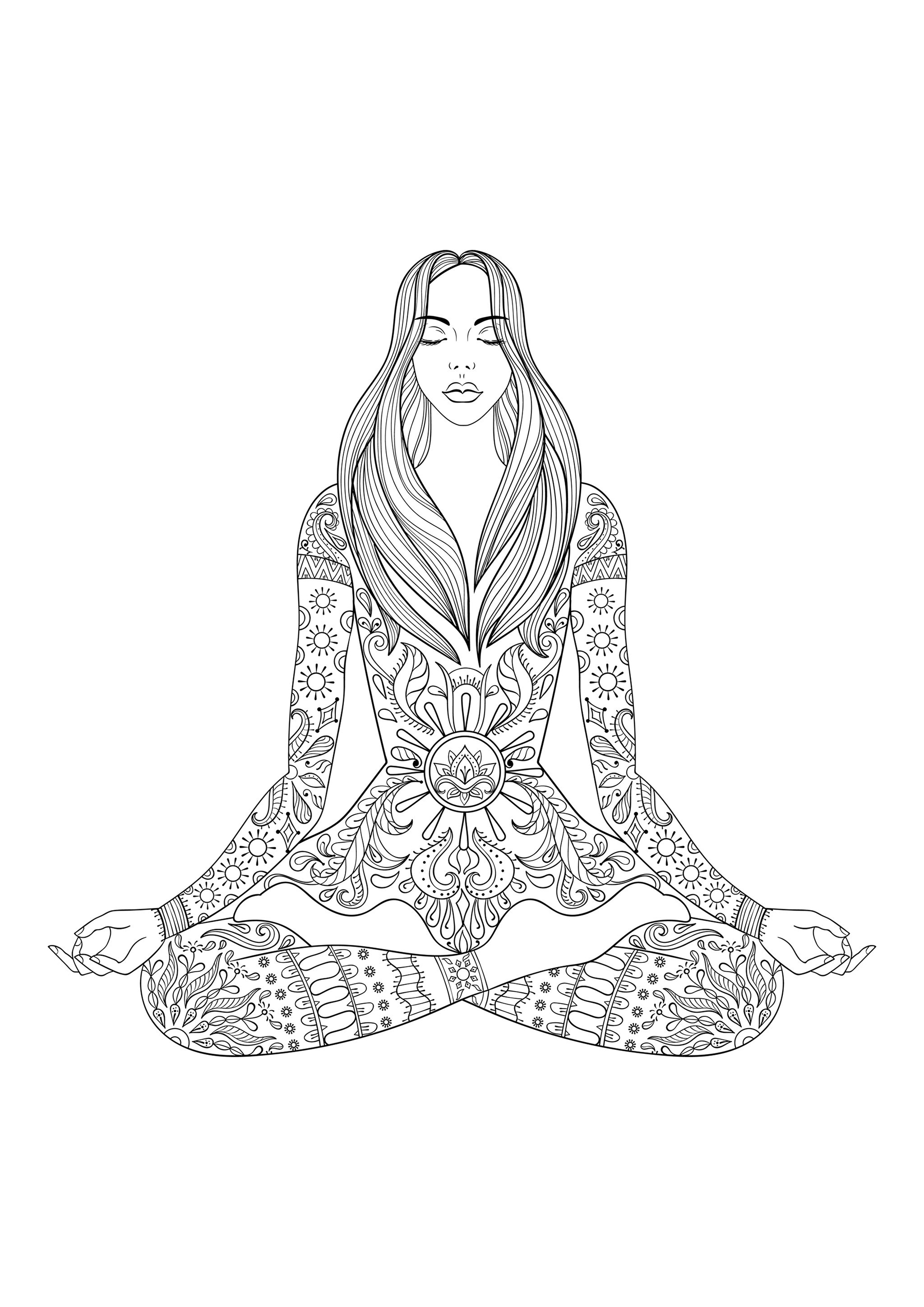 Femme assise en train de méditer, avec nombreux motifs sur son corps, Artiste : Ksym   Source : 123rf