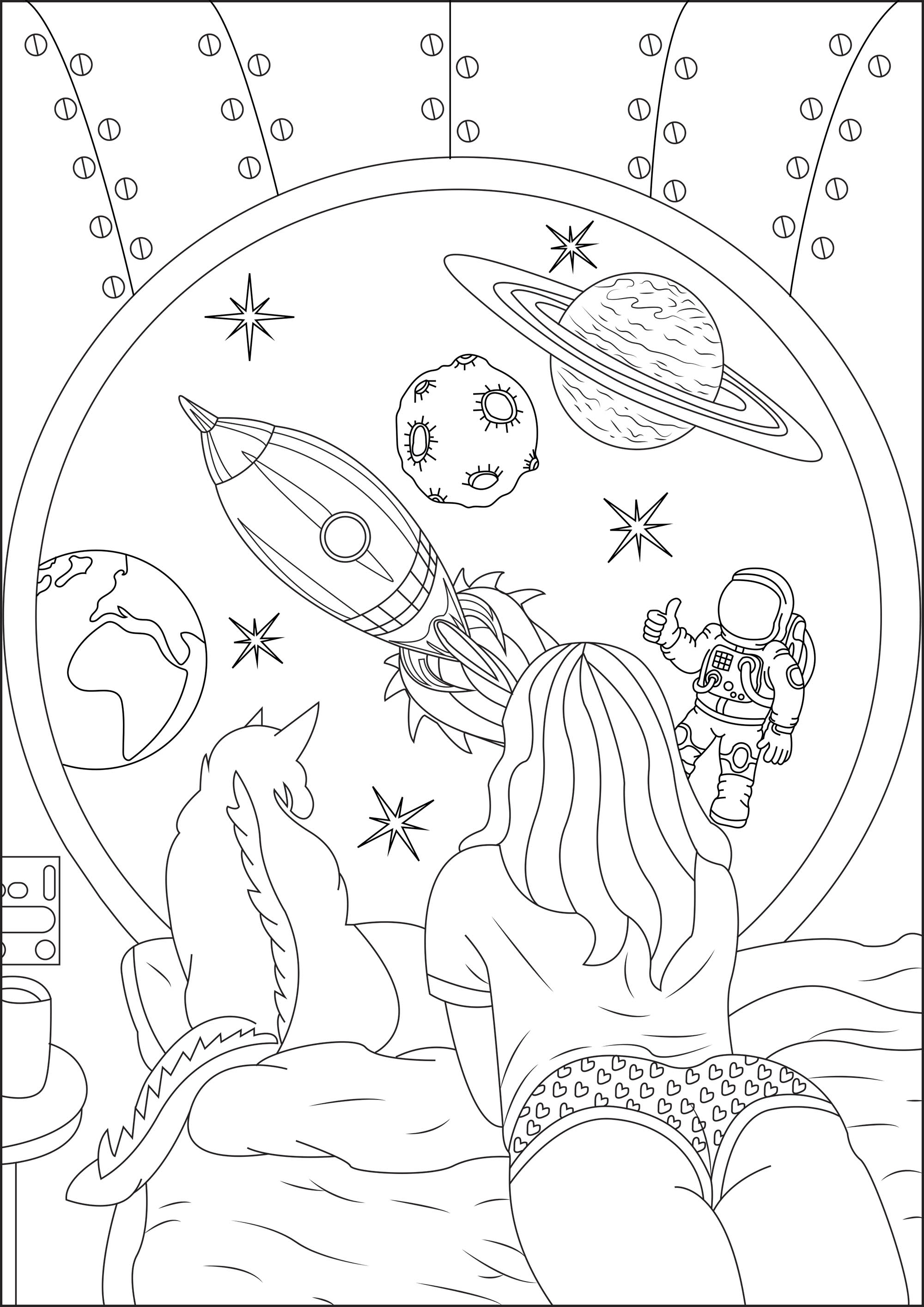 Fille rêvant d'un voyage dans l'espace avec son chat. Par le hublot de sa navette, elle voit : une fusée, la lune, la Terre, une astéroïde, Saturne, un Astrononaute, ainsi que de jolies étoiles brillantes, Artiste : Caillou