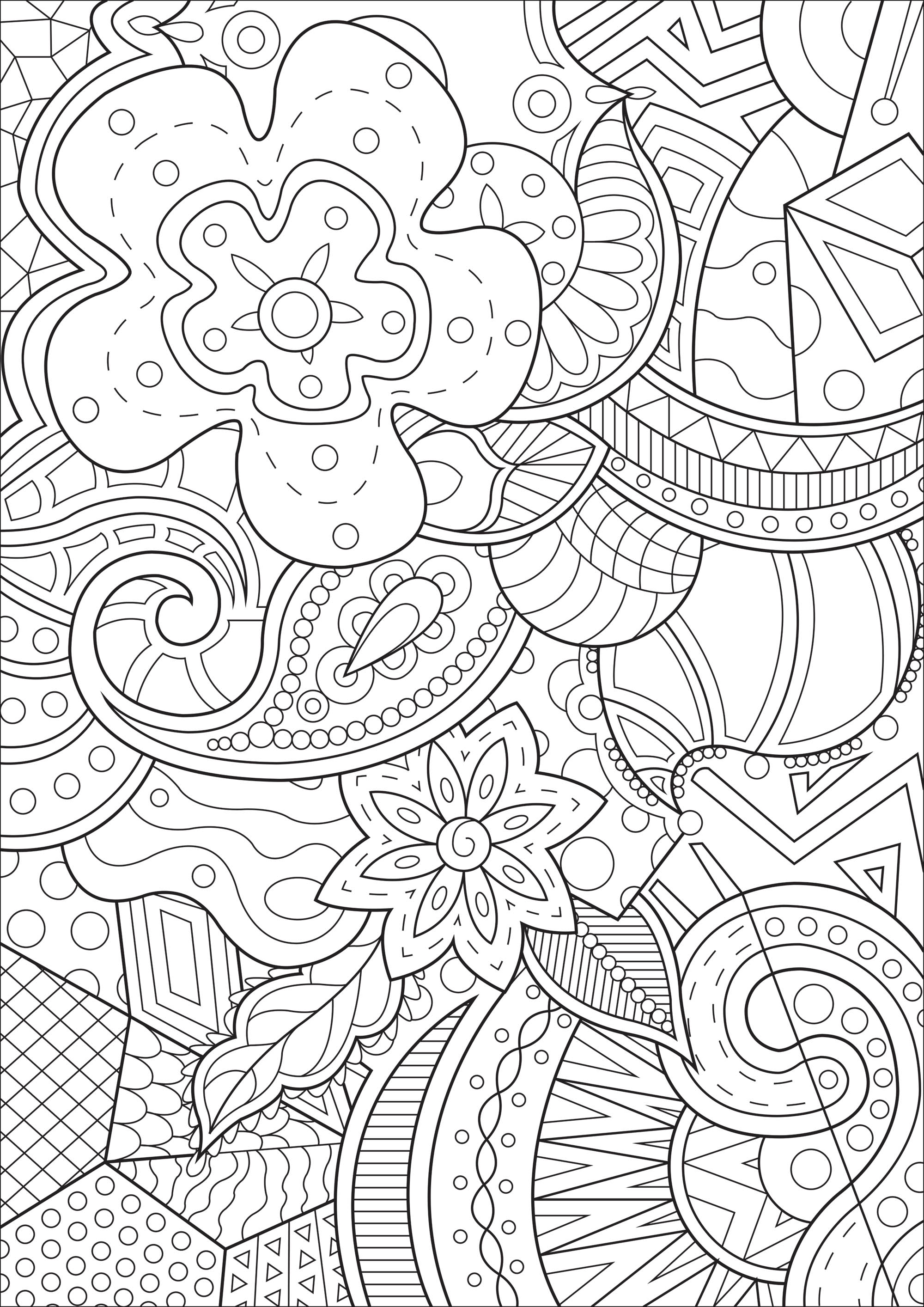 Magnifique dessin à colorier composé de fleurs et de formes abstraites entremêlées, Artiste : Lucie