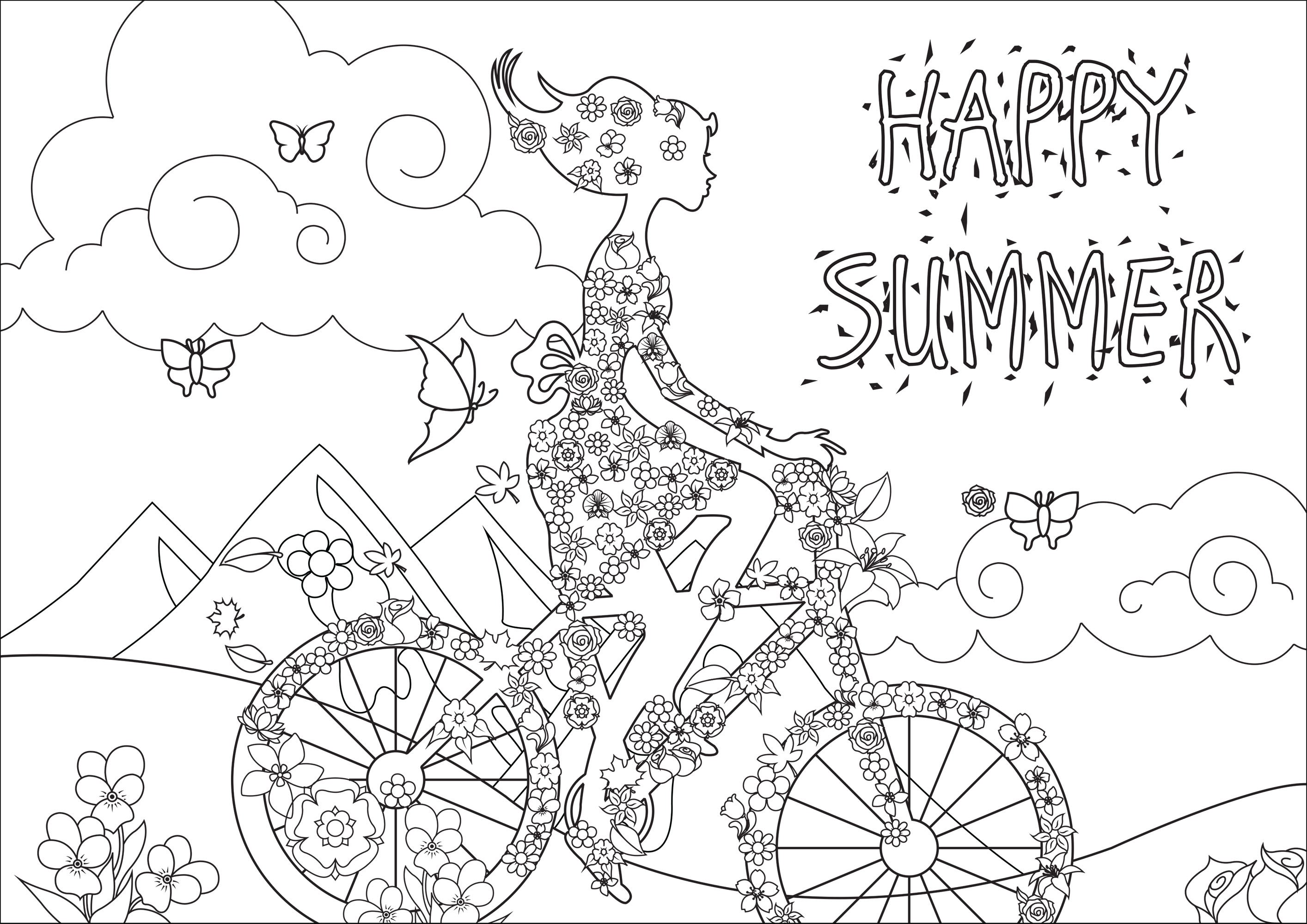 Silhouette de femme sur un vélo avec de jolies fleurs, et un paysage apaisant en fond. Happy Summer !, Artiste : Lucie